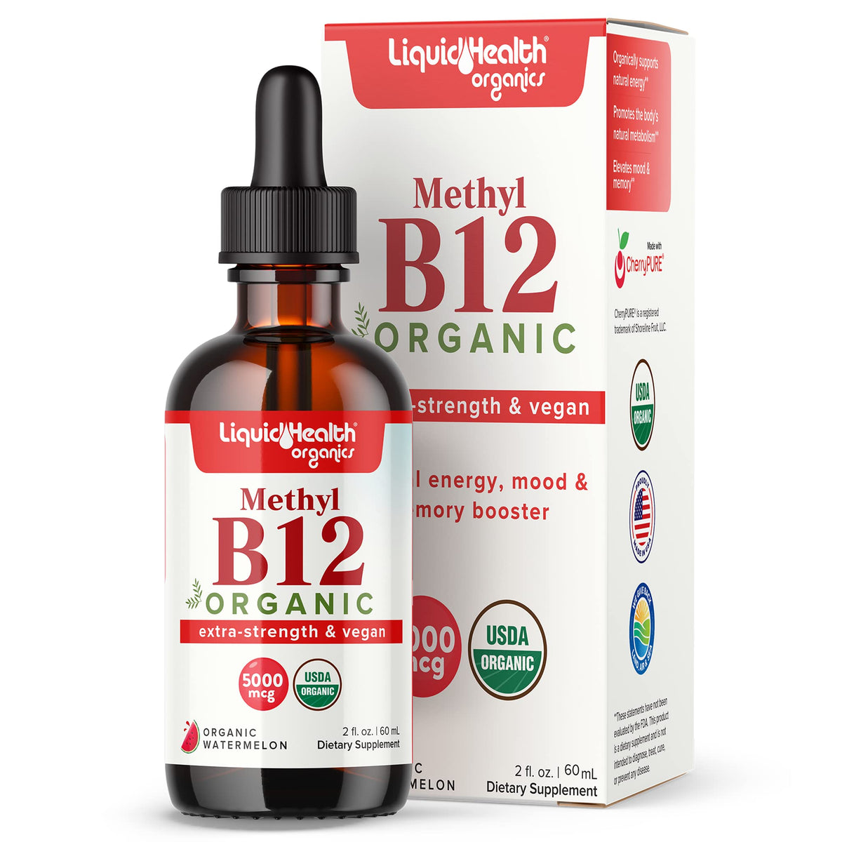 Bouteille LIQUIDHEALTH B12 avec étiquette et énergie naturelle potentielle.