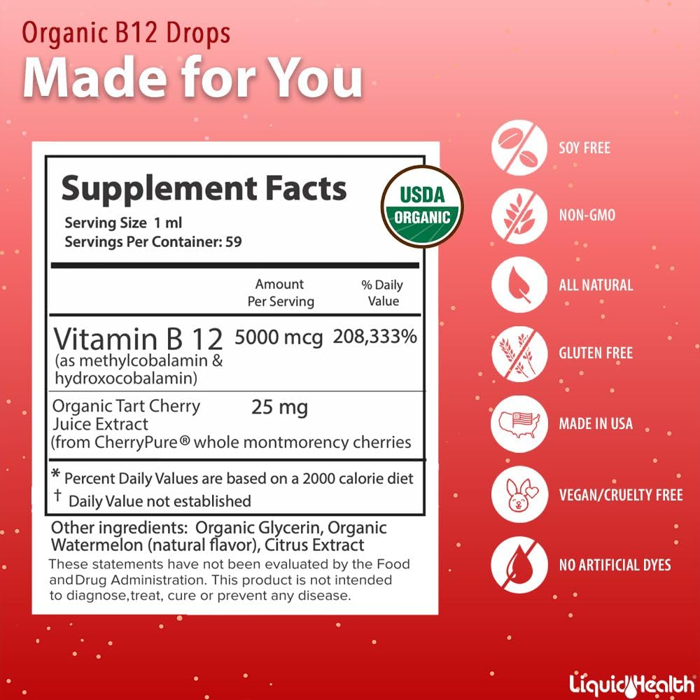 Étiquette LIQUIDHEALTH B12 indiquant végan et sans OGM.