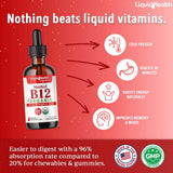 Étiquette LIQUIDHEALTH B12 méthylée claire avec informations vegan et sans OGM