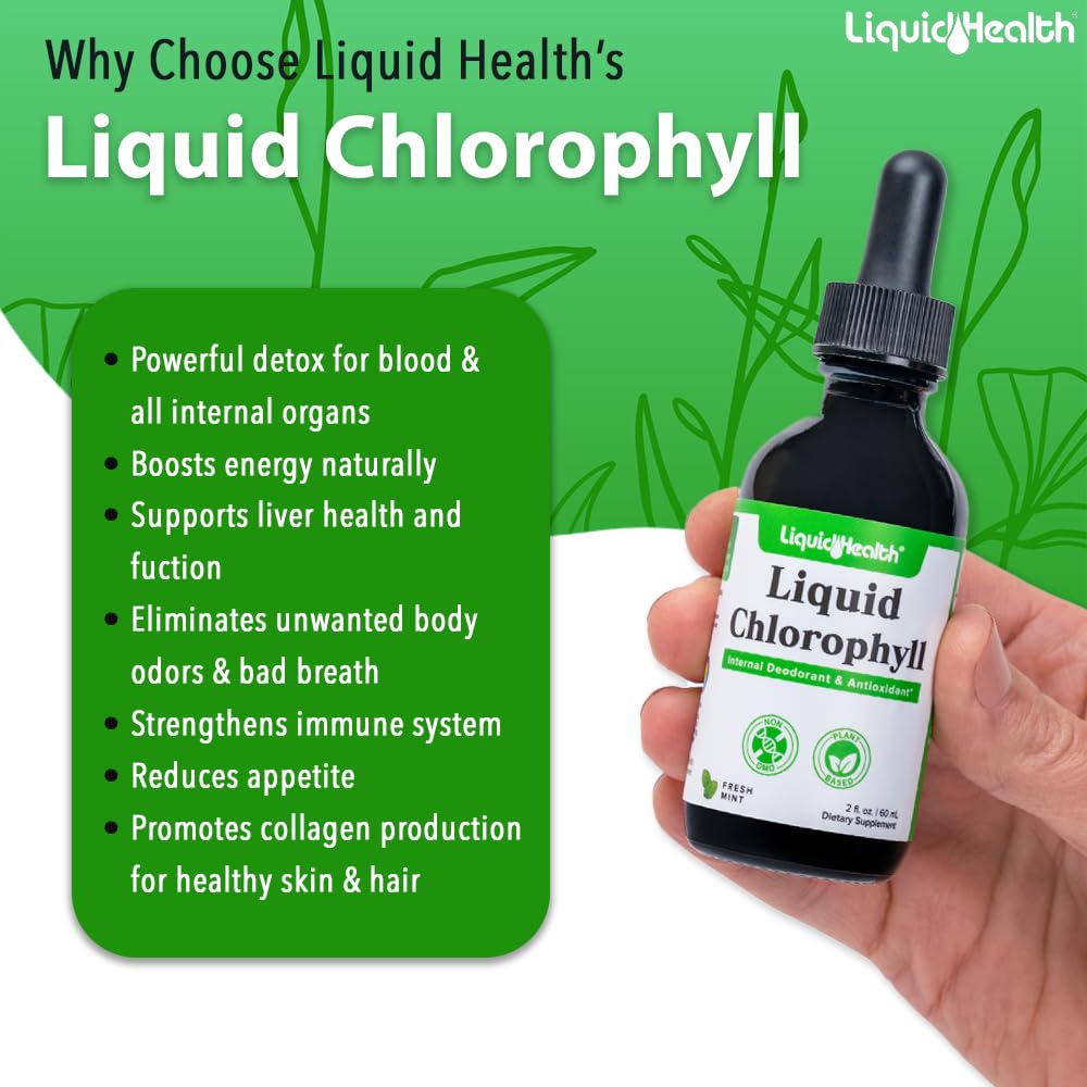 LIQUIDHEALTH chlorophylle: couleur verte naturelle évoquant des antioxydants.