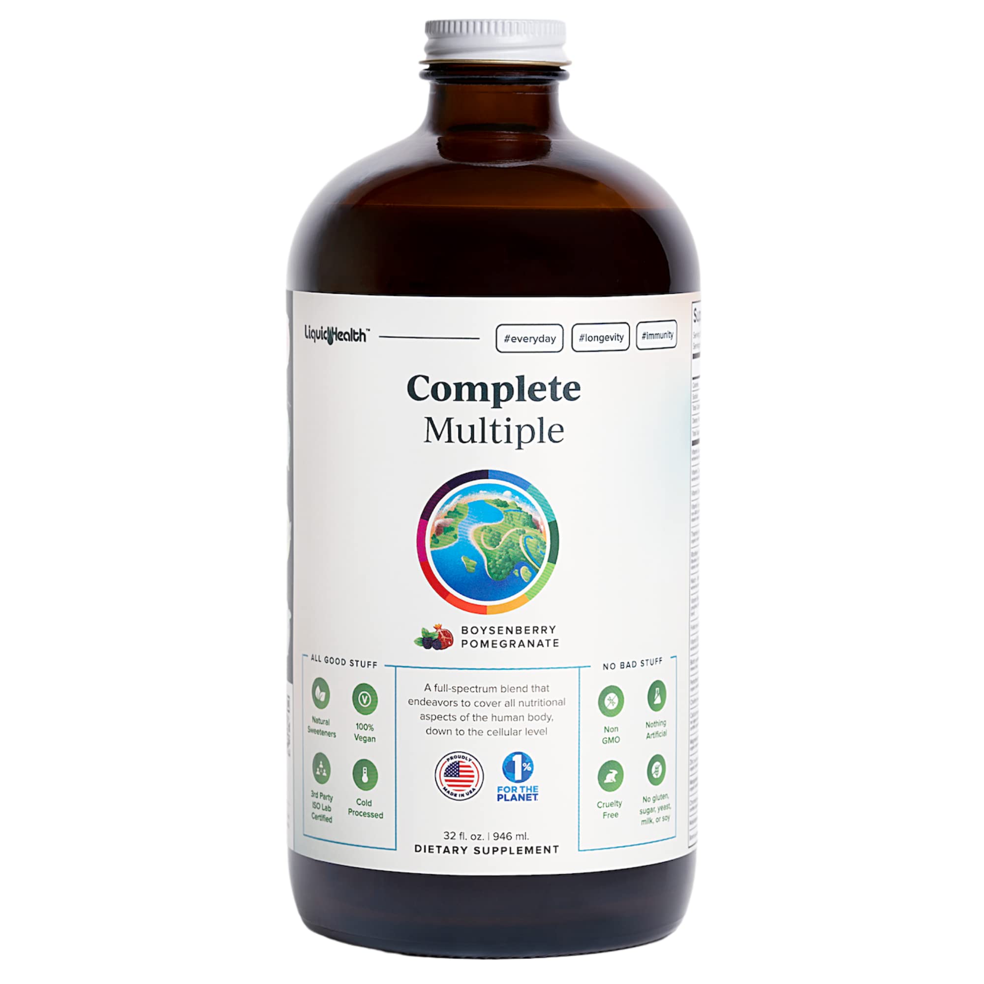 LIQUIDHEALTH Complete Multivitamine: bouteille clairement étiquetée, soutien potentiel à l'énergie au quotidien.