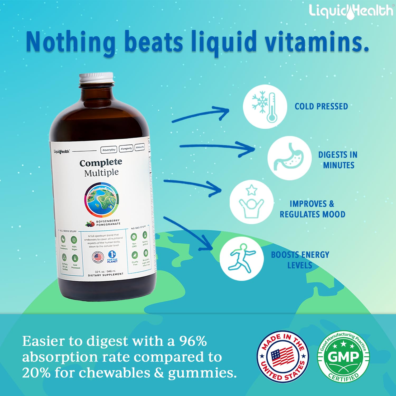 LIQUIDHEALTH Complete Multivitamine: doseur précis, pratique pour une prise matinale facile.