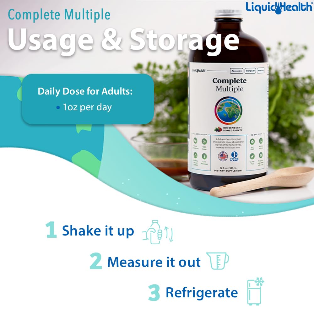 LIQUIDHEALTH Complete Multivitamine: ingrédients naturels et fruits pour nourrir votre énergie quotidienne.