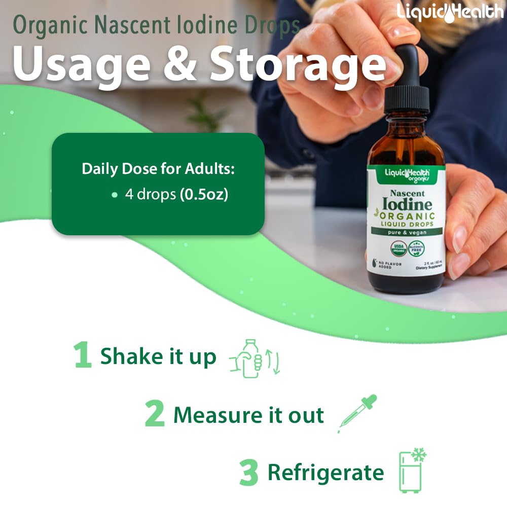 Emballage LIQUIDHEALTH d'iode nascent, informations claires et pureté biologique.