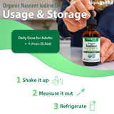 Emballage LIQUIDHEALTH d'iode nascent, informations claires et pureté biologique.