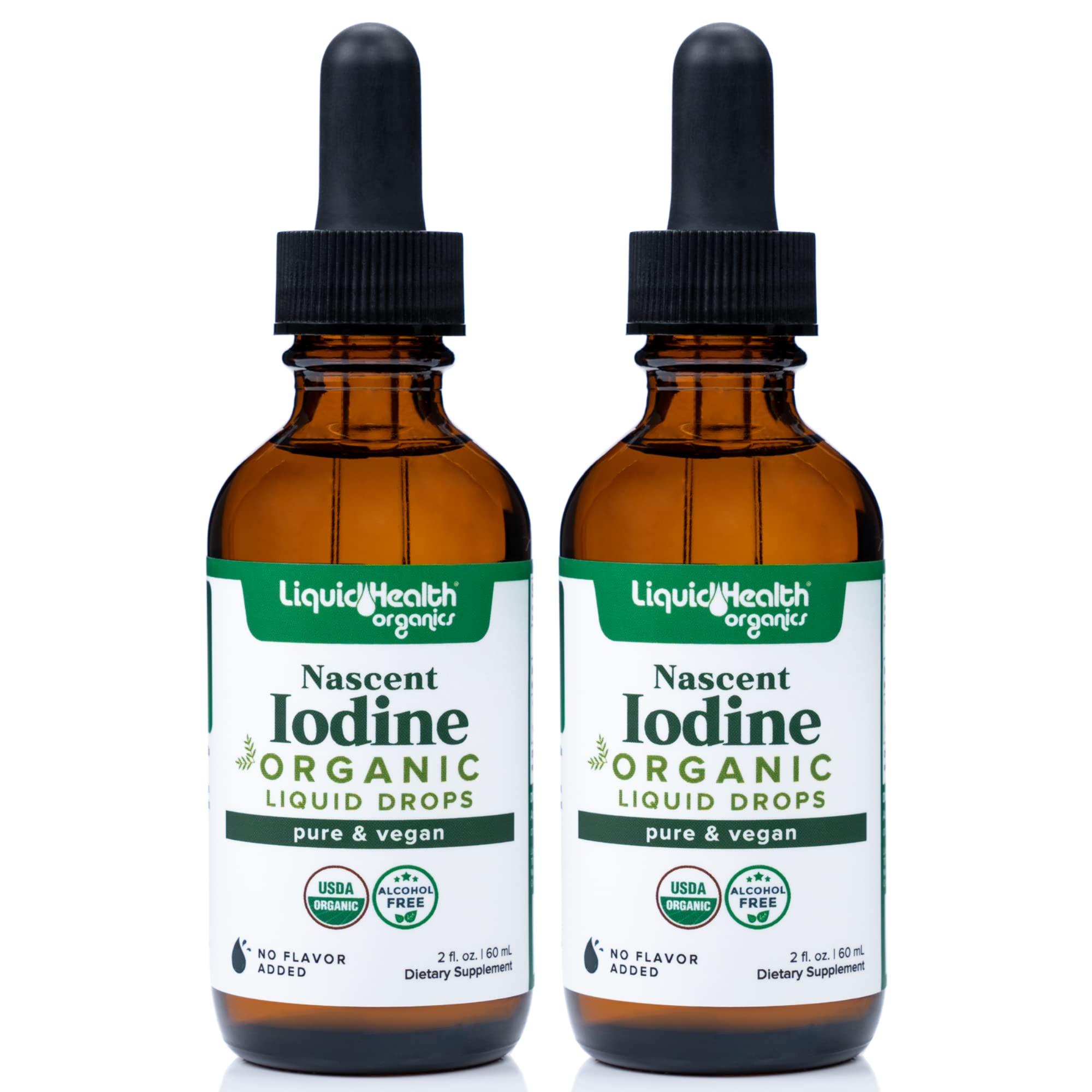 Gouttes LIQUIDHEALTH d'iode nascent dans une bouteille, énergie et métabolisme potentiels.