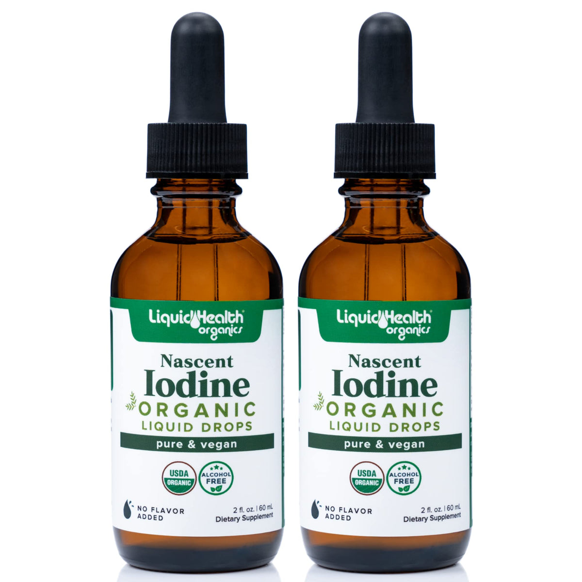 Gouttes LIQUIDHEALTH d'iode nascent dans une bouteille, énergie et métabolisme potentiels.