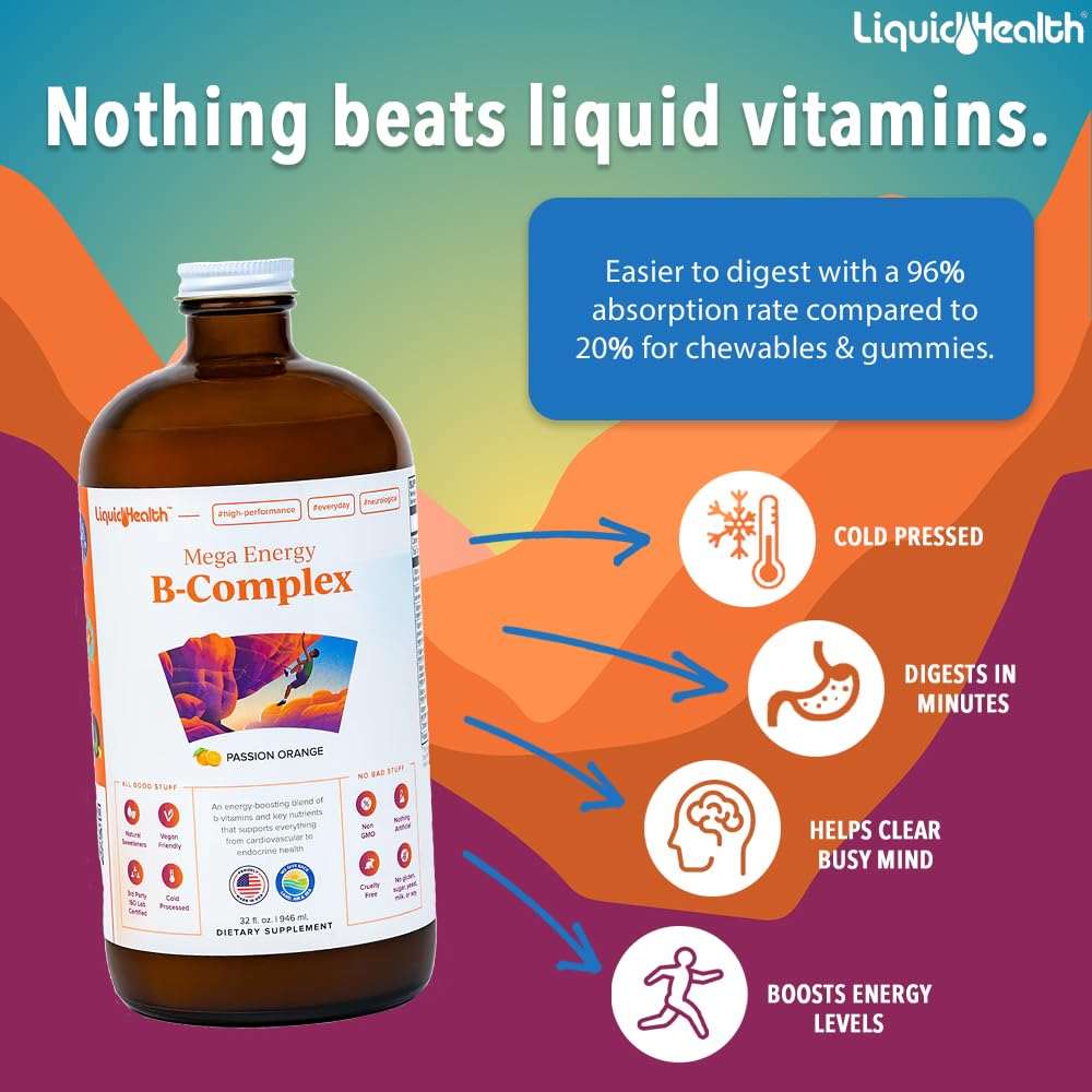 LIQUIDHEALTH Mega Energy B-Complex, etiquette: informations claires pour une utilisation quotidienne.