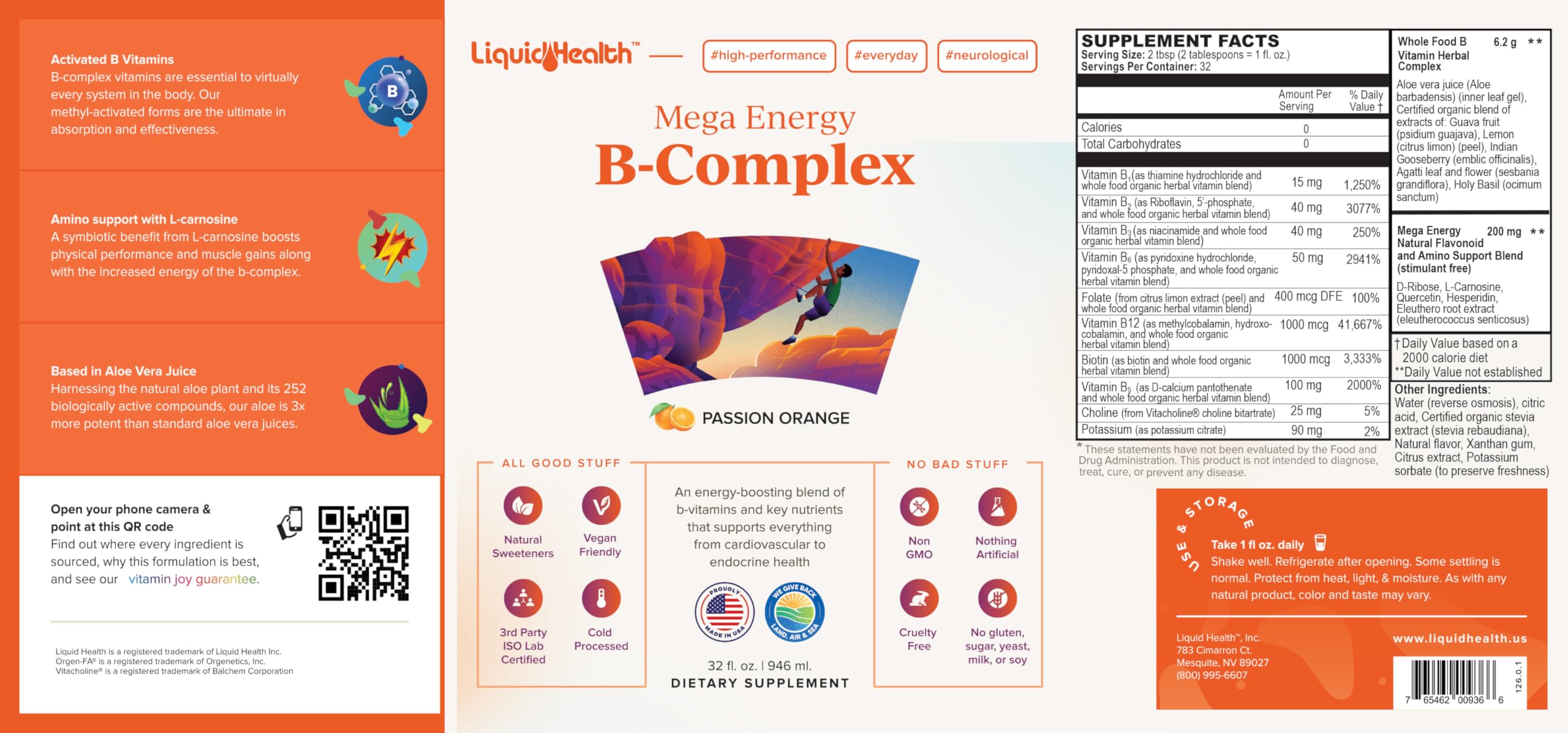 LIQUIDHEALTH Mega Energy B-Complex, perspective bouteille: mise en place rapide pour journée active.