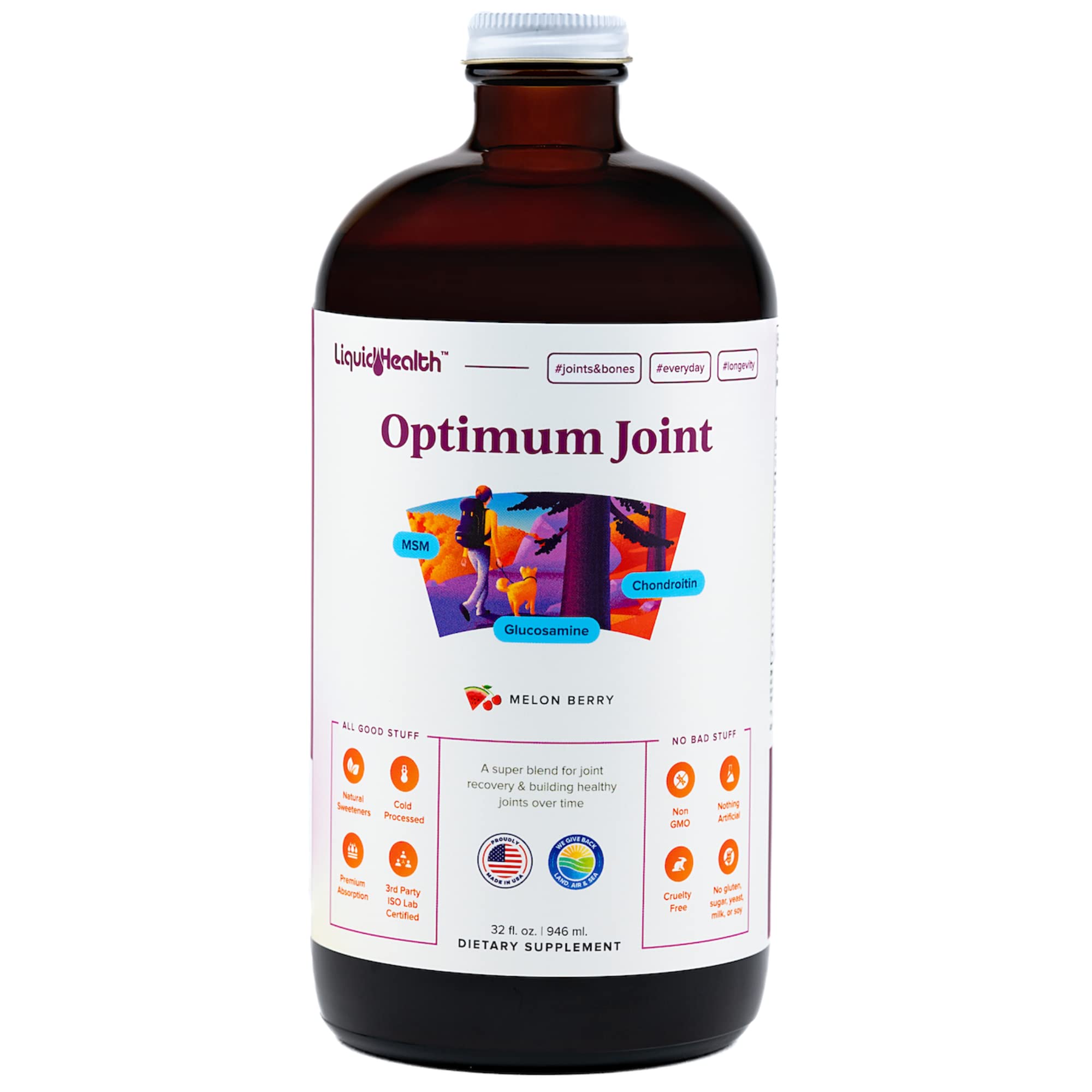 LIQUIDHEALTH Optimum – bouteille montrant le soutien des articulations et la mobilité.