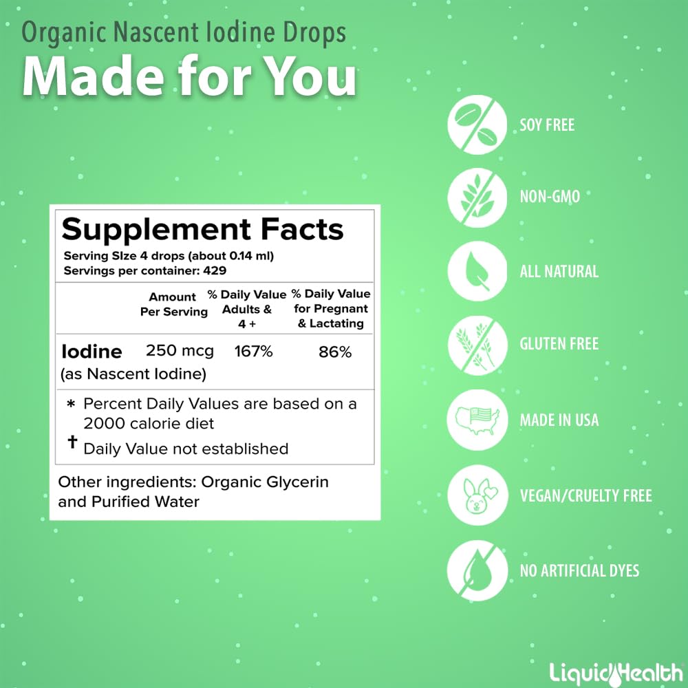 Gouttes LIQUIDHEALTH d'iode nascent prêtes à être utilisées dans votre routine bien‑être.