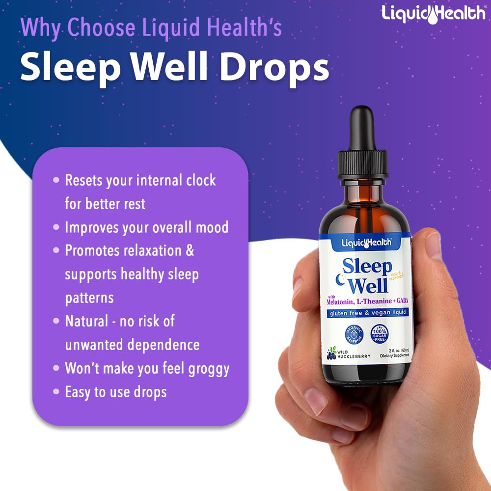 LIQUIDHEALTH Sleep Well: étiquette vegan et sans allergènes sur l'emballage.