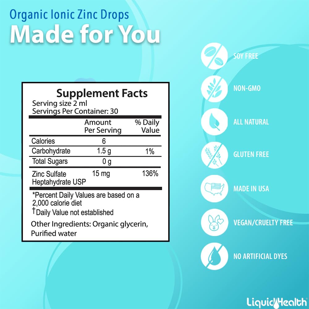 LIQUIDHEALTH Zinc ionique – emballage USA, fabrication traçable.