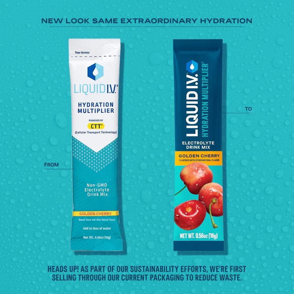 Liquid I.V. Golden Cherry – poudre se dissolvant dans l’eau, goût fruité.