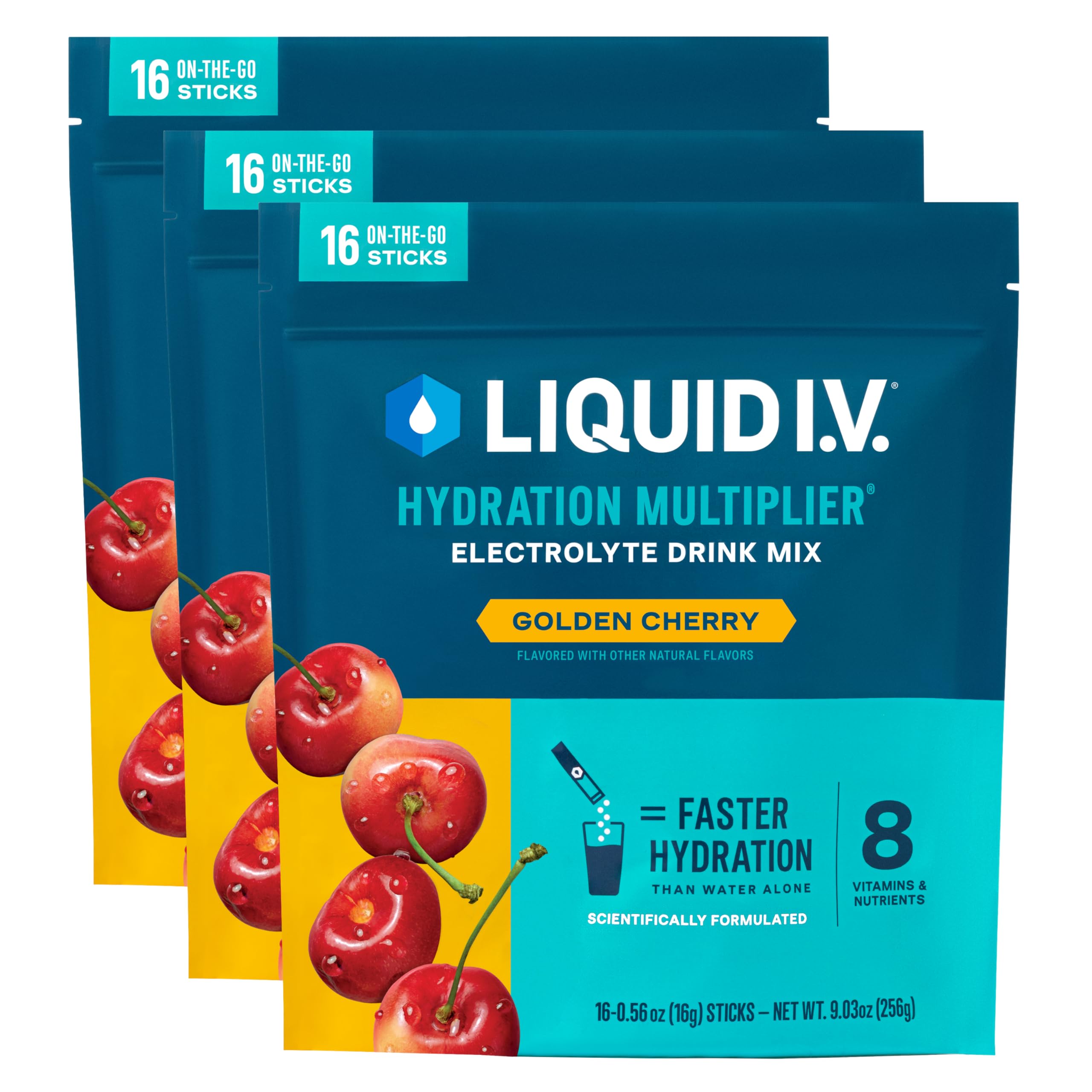 Liquid I.V. Golden Cherry – sachet individuel pour hydrater vite lors de déplacements.