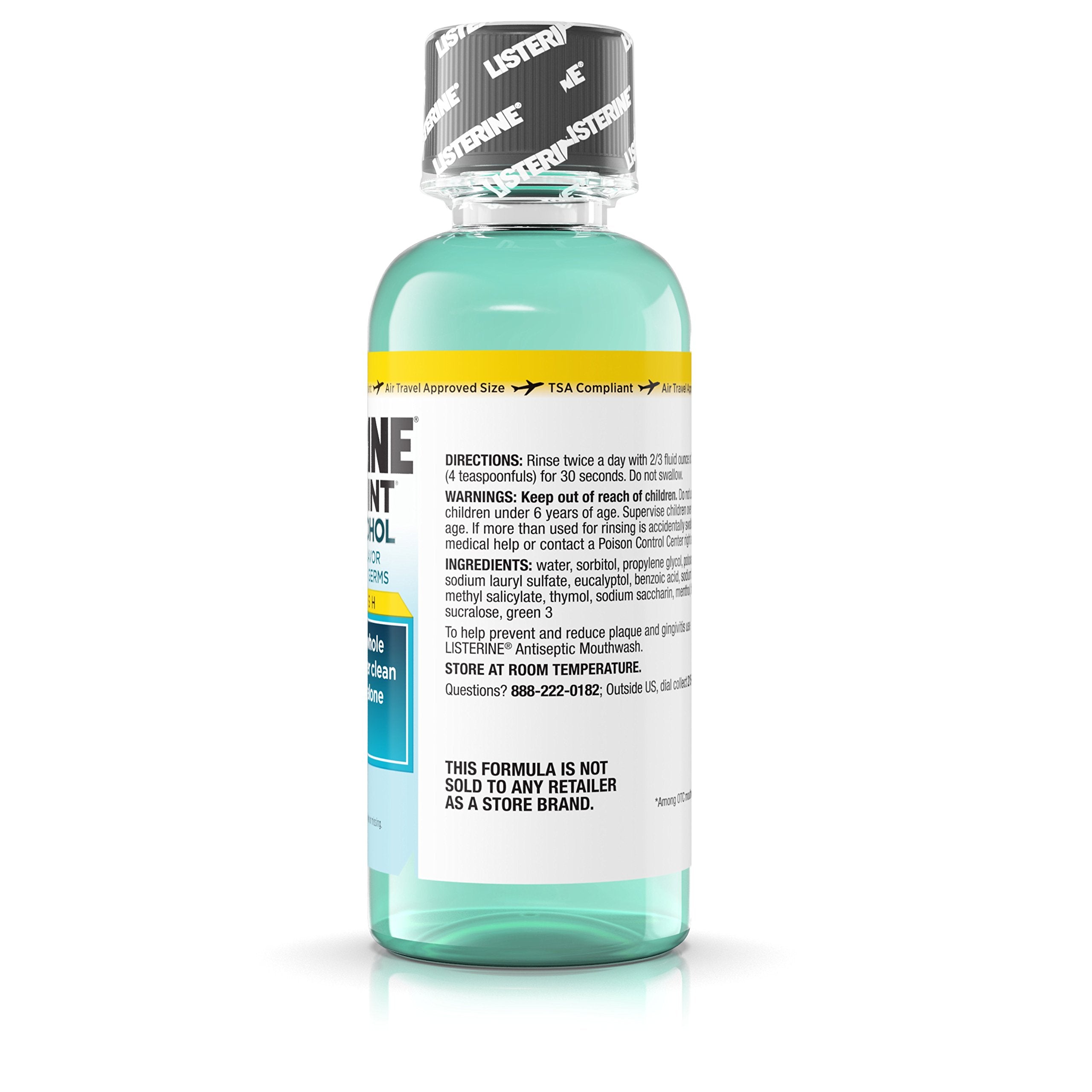 Étiquette Listerine sans alcool sur le flacon Zero Caries.