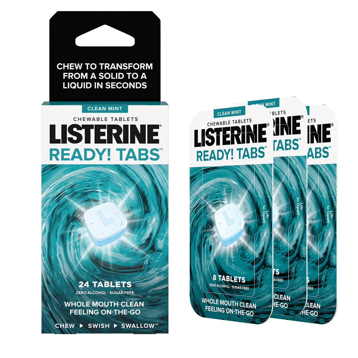 Tablettes Ready Tabs Listerine dans une boîte, fraîcheur rapide et pratique.