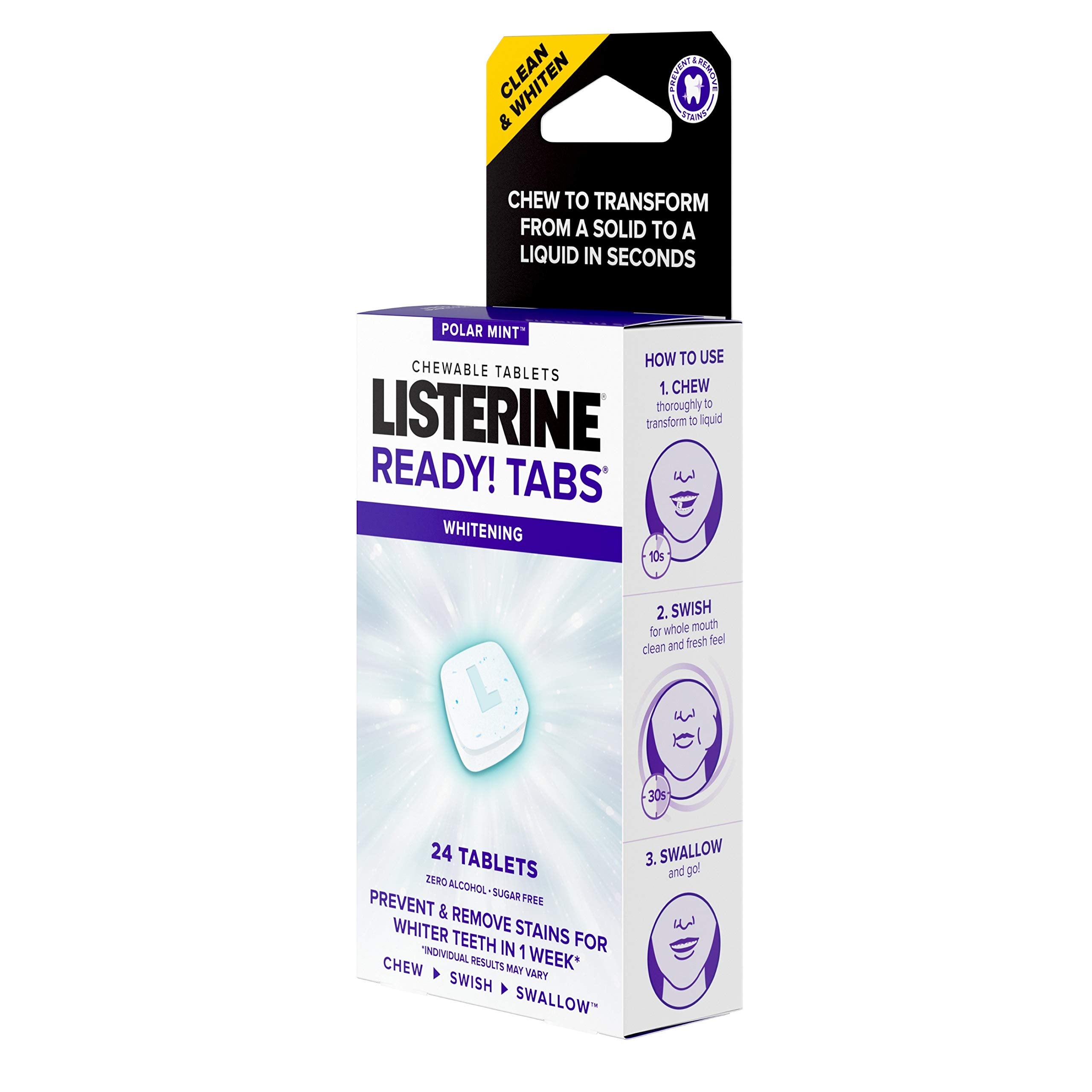 Tablettes à croquer Listerine Ready!, activation rapide pour rafraîchir la bouche.