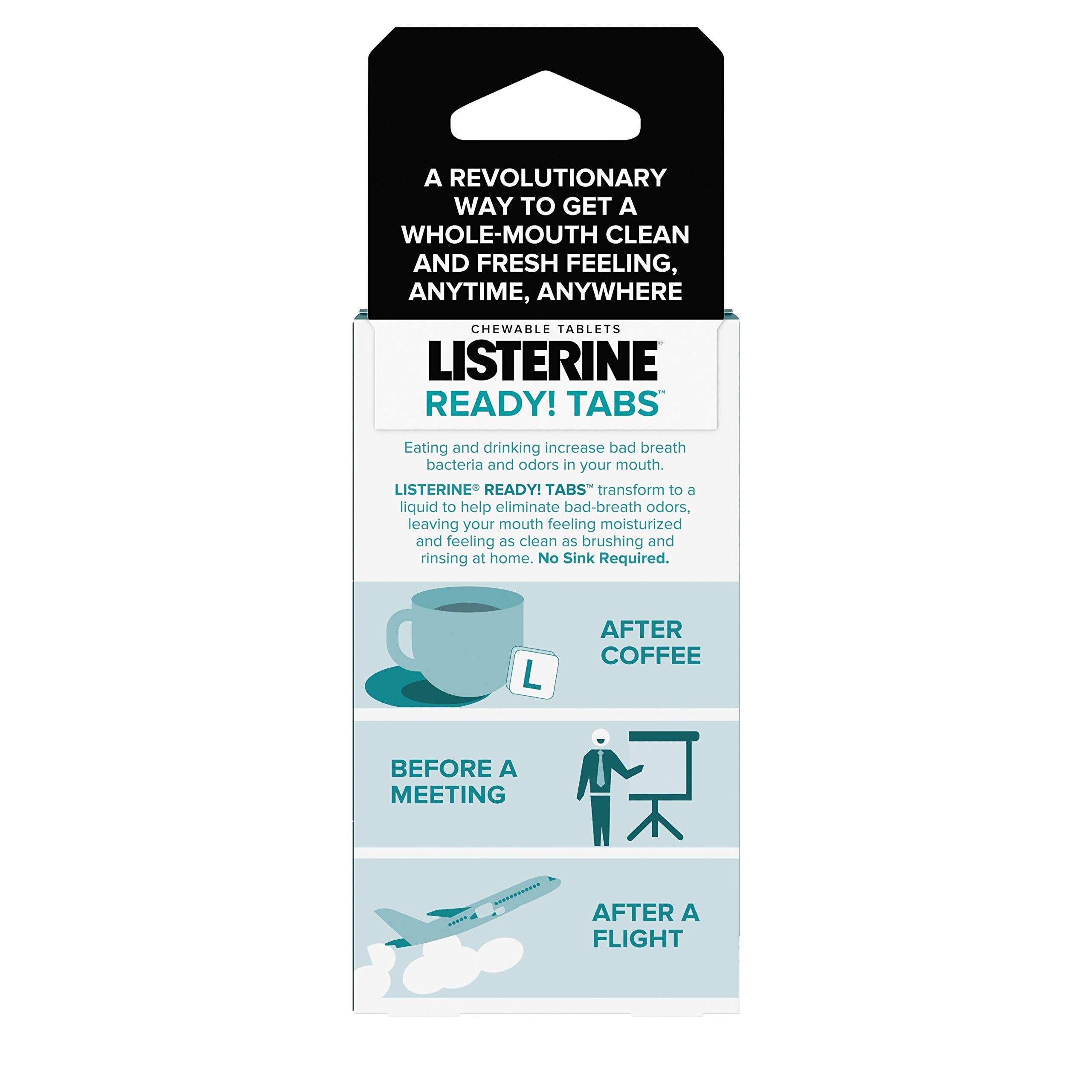 Tablettes Ready Tabs Listerine au goût menthe fraîche après les repas.