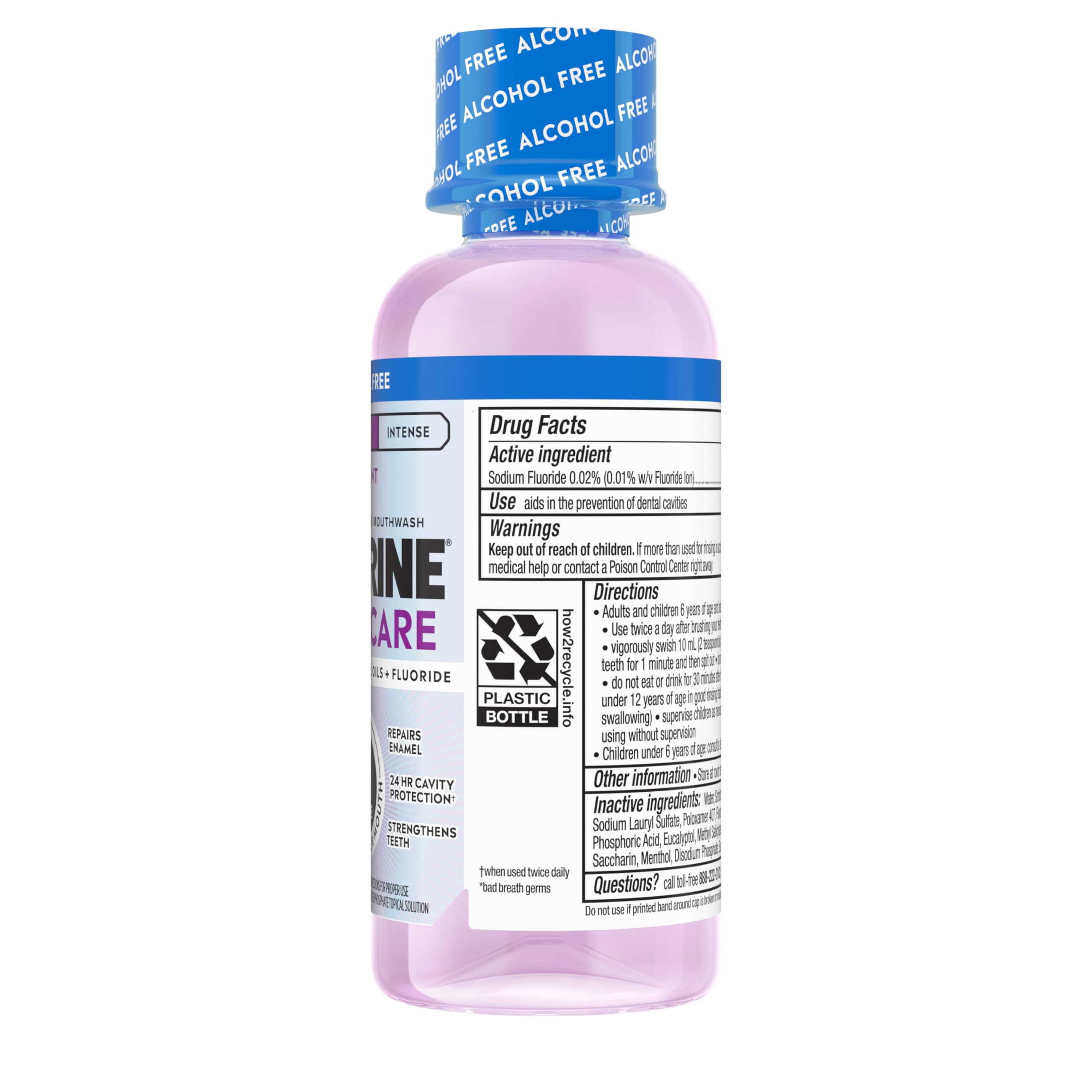 Étiquette Listerine Total Care montrant les 6 bienfaits en 1 flacon.
