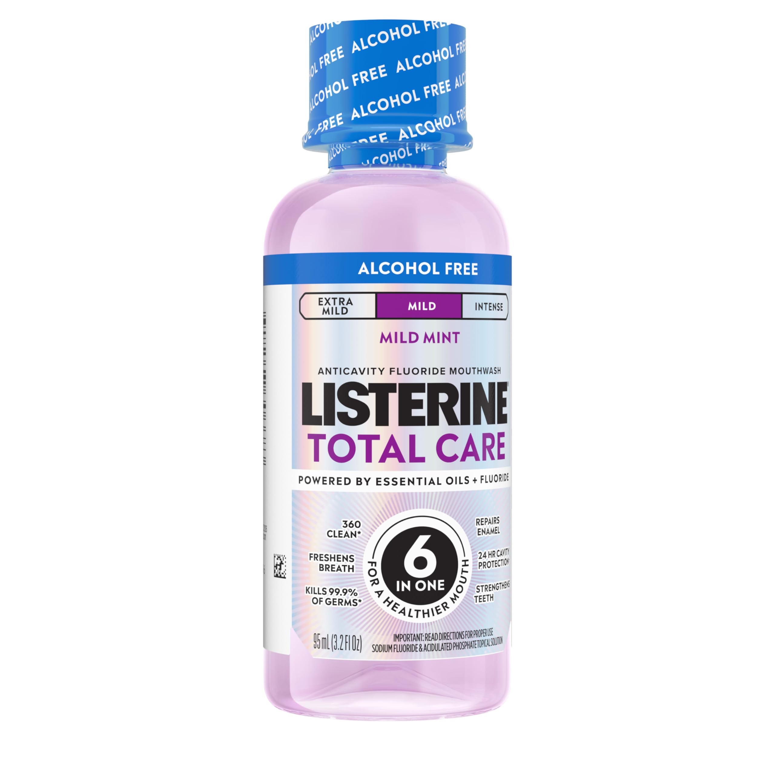 Étiquette sans alcool sur le flacon Listerine Total Care pour douceur d’usage.