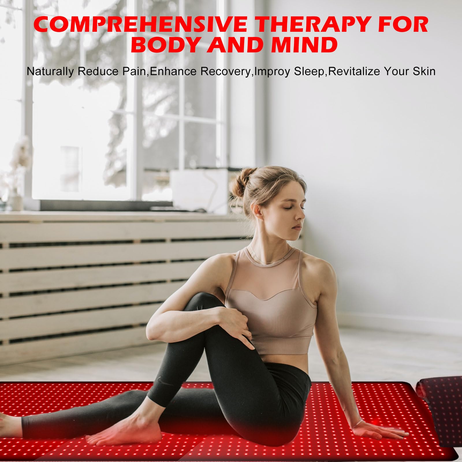 Litecare: tapis lumière rouge genoux et jambes, chaleur apaisante et mobilité potentielle.