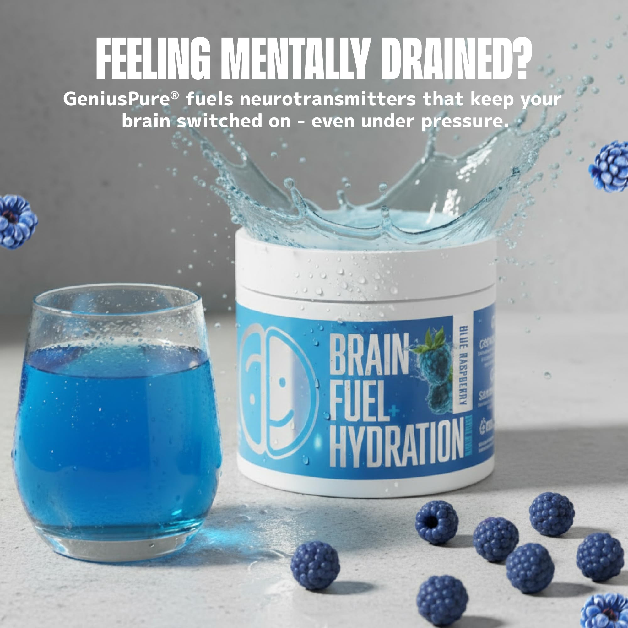 Verre d'eau avec Lithios Brain Fuel Plus Hydration Mix saveur framboise bleue