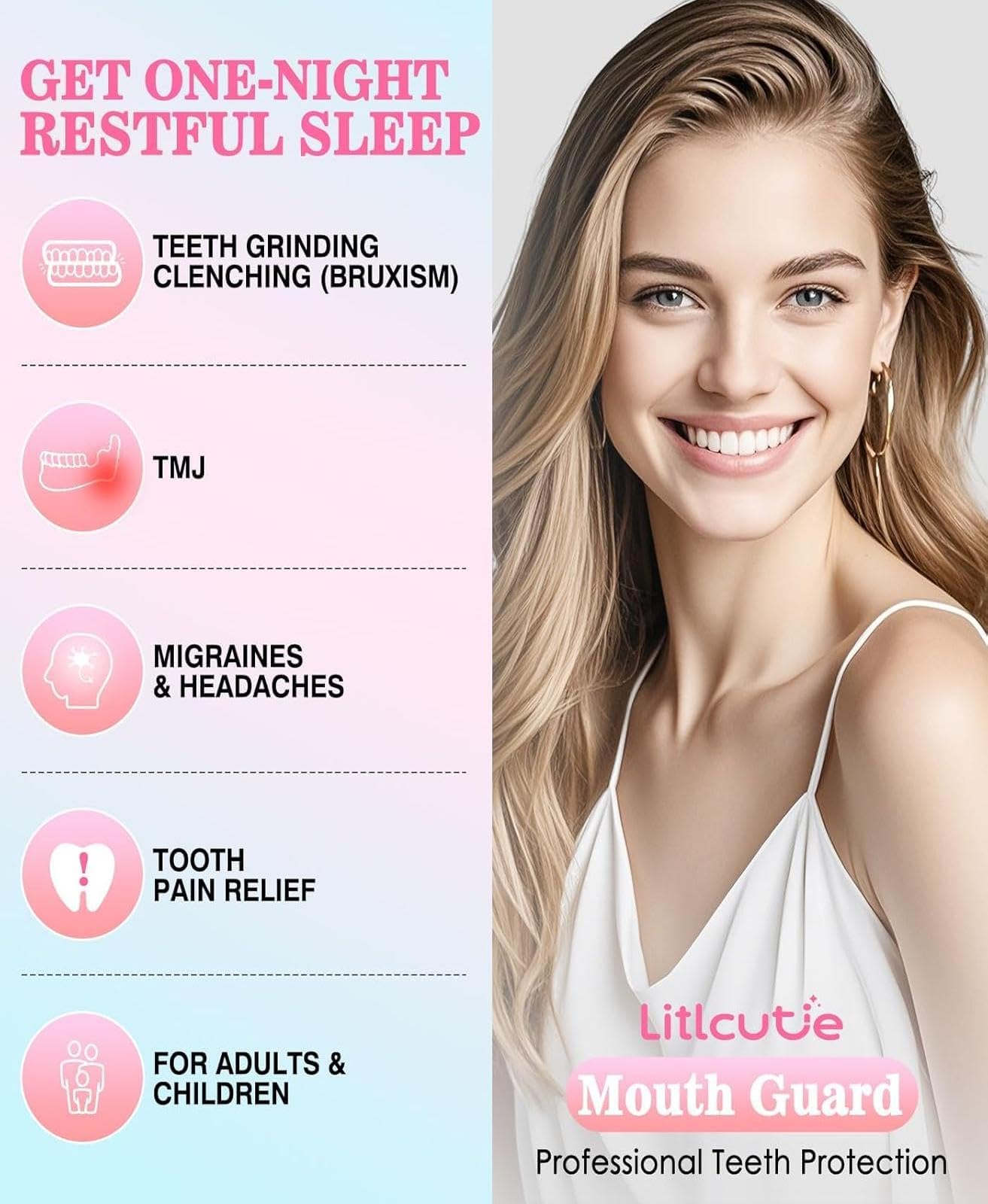 Litlcutie garde dentaire rose pâle offre confort nocturne et stabilité.