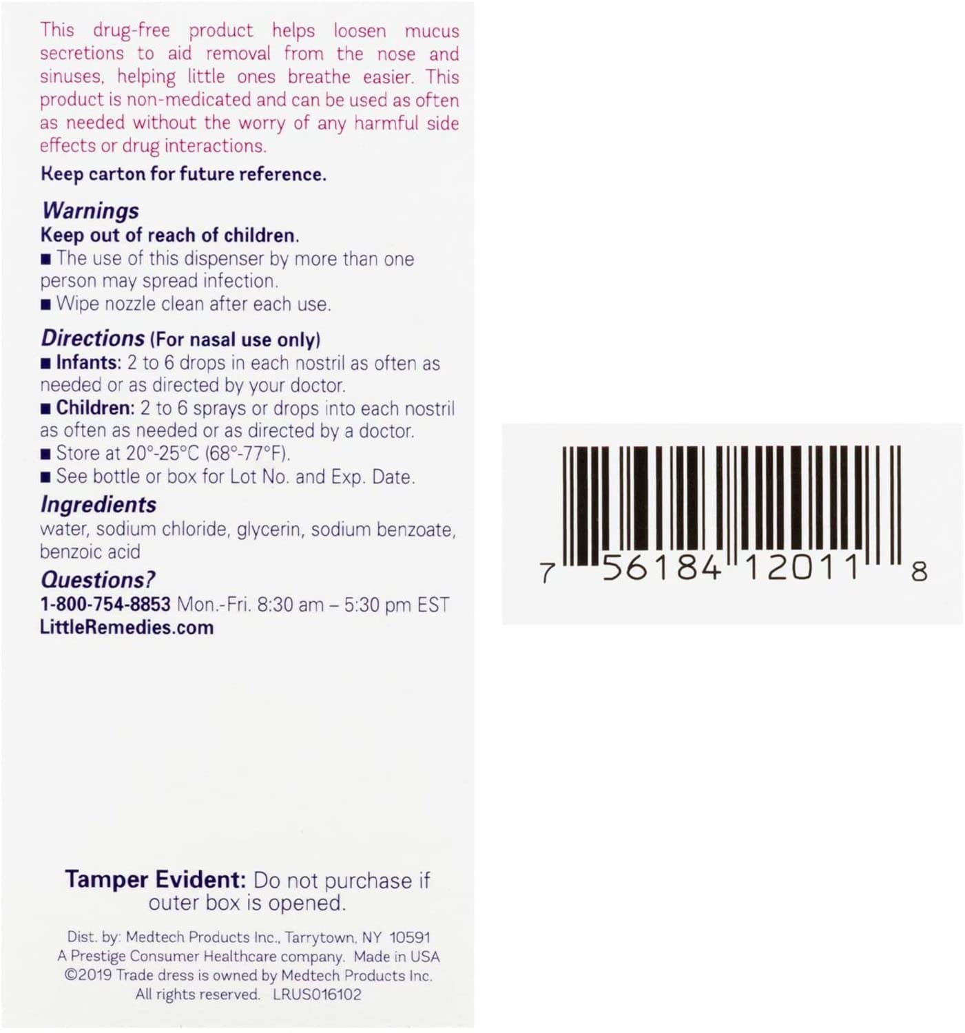 Little Remedies Spray nasal, solution saline non médicamenteuse pour bébés.