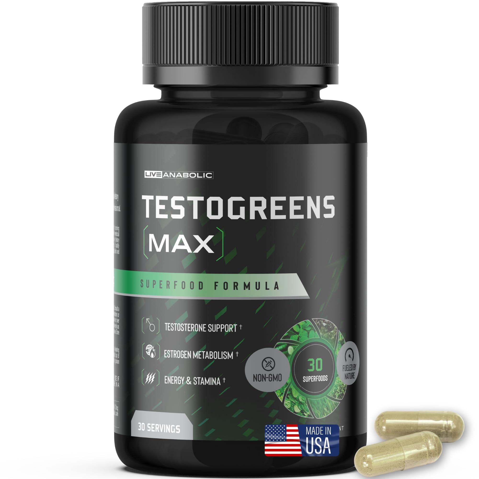 Live Anabolic TestoGreens Max bouteille montrée, soutien hormonal naturel et énergie quotidienne
