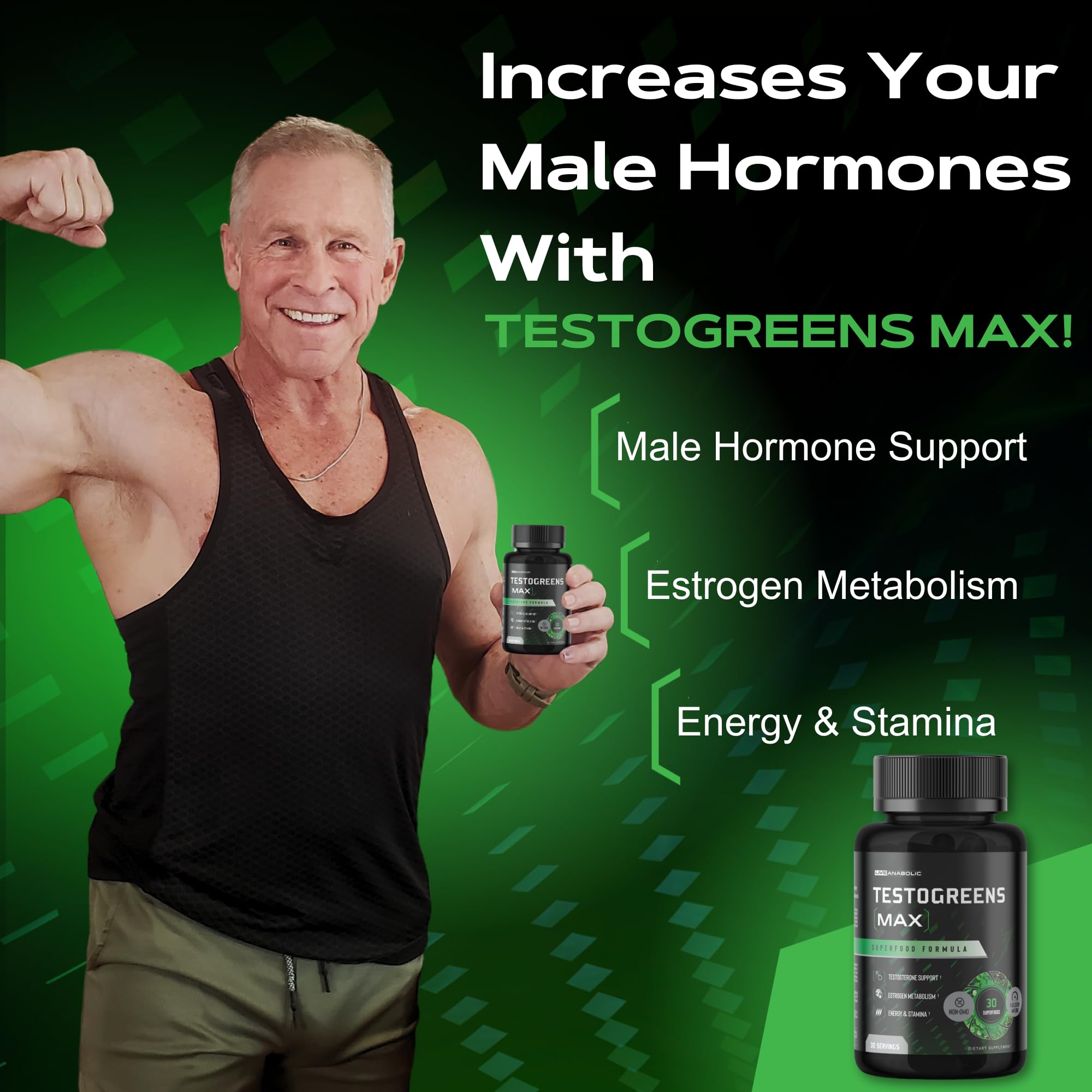 Live Anabolic TestoGreens Max gros plan sur capsules, détails