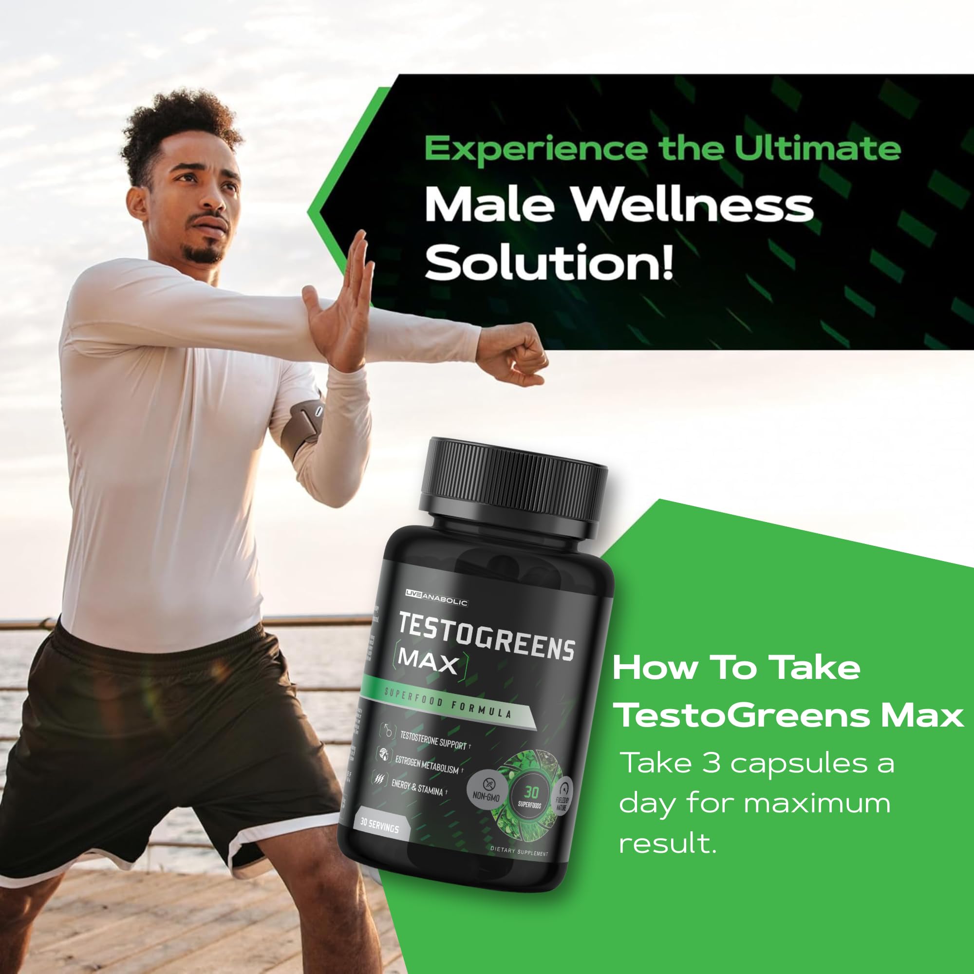 Live Anabolic TestoGreens Max gros plan sur capsules vertes