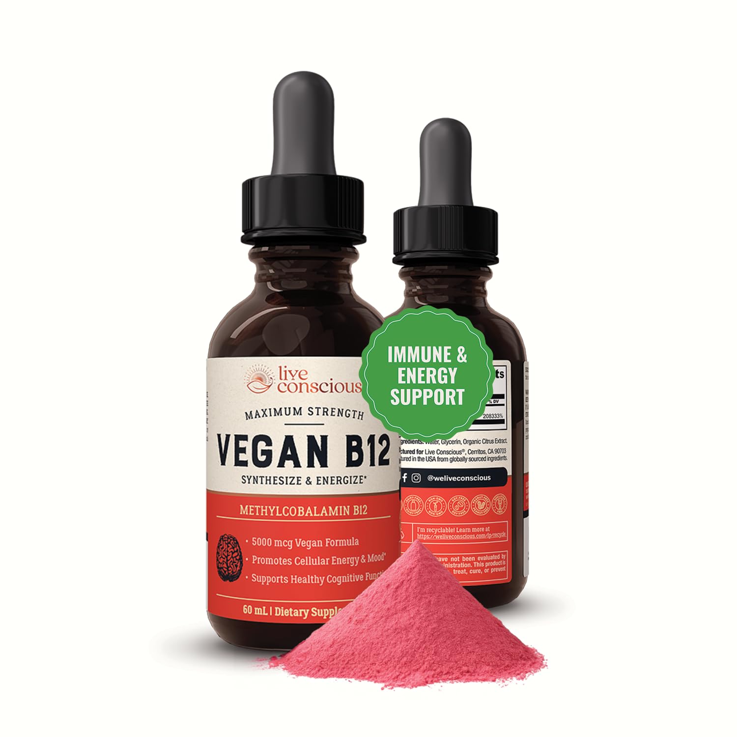 Live Conscious B12: bouteille-gouttes sublinguales 5000 mcg pour énergie durable.