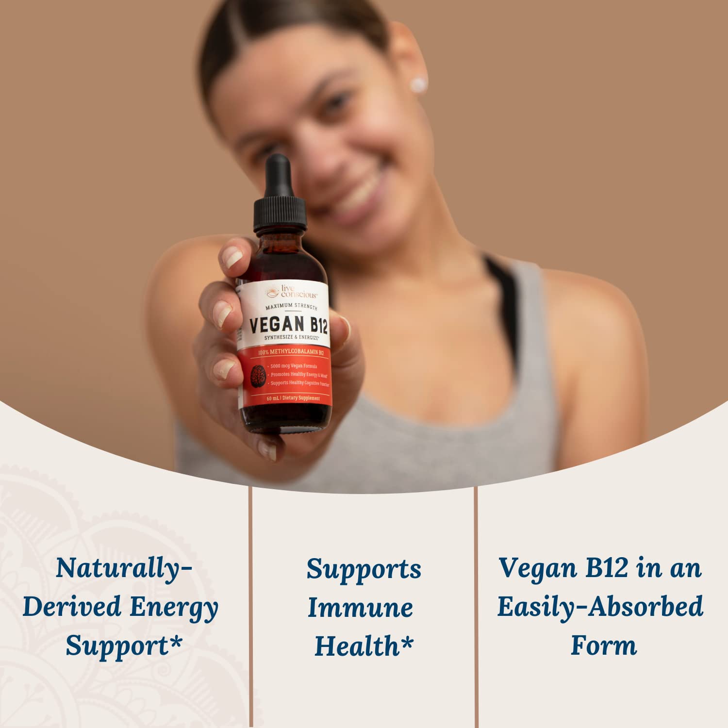 Live Conscious B12 gouttes sublinguales en action, absorption rapide.
