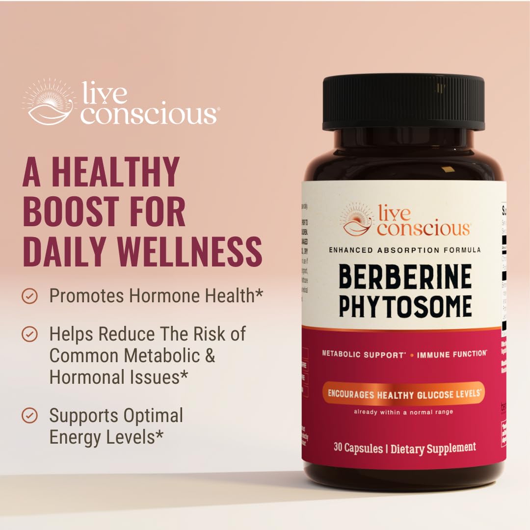 Live Conscious Berberine Phytosome: gelules alignées, absorption améliorée pour métabolisme.