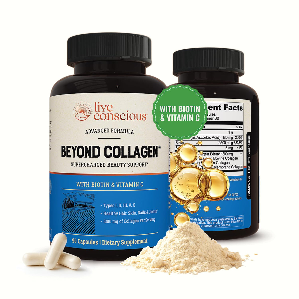 Live Conscious Beyond Collagen: bouteille de gélules pour peau et cheveux