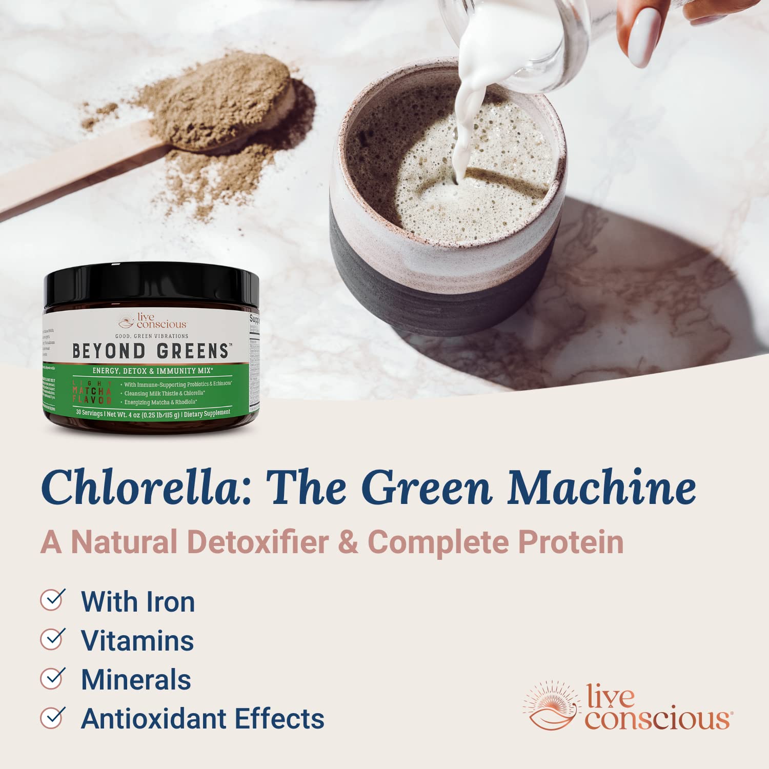 Live Conscious Beyond Greens, mélange champignons: boost immunitaire potentiel et saveur douce.