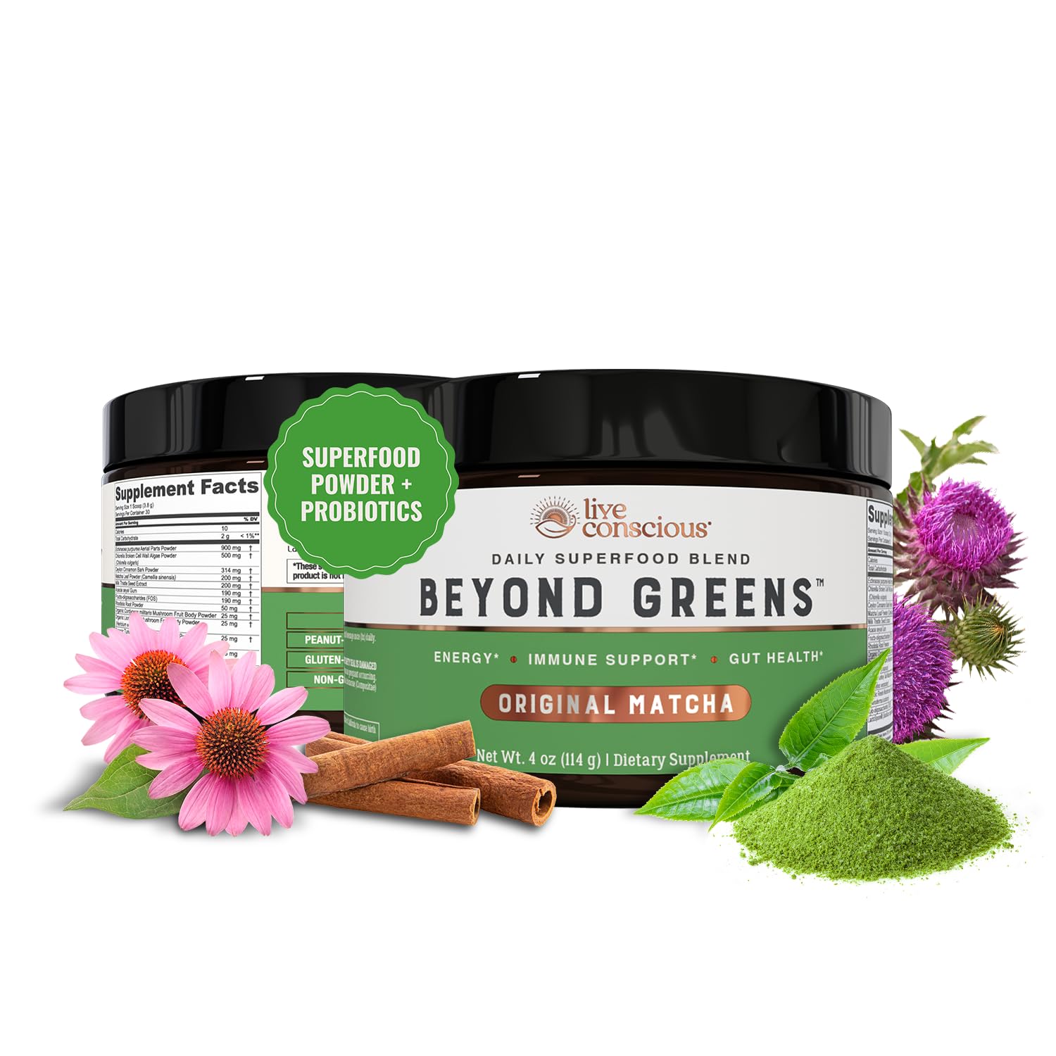 Live Conscious Beyond Greens, poudre matcha verte : énergie durable et soutien digestif potentiel.