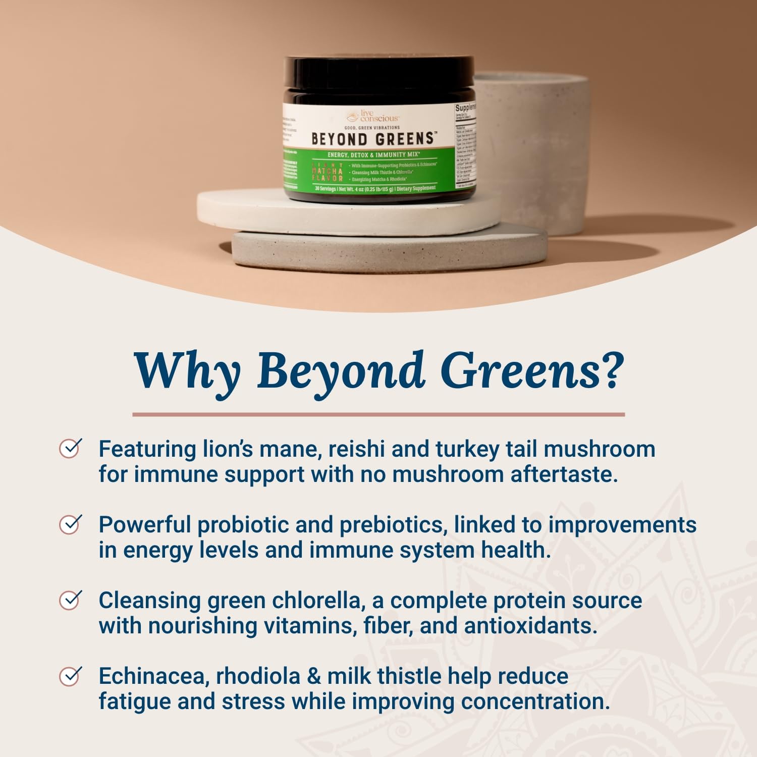 Live Conscious Beyond Greens – boîte intérieure: probiotiques et prébiotiques pour énergie et équilibre.