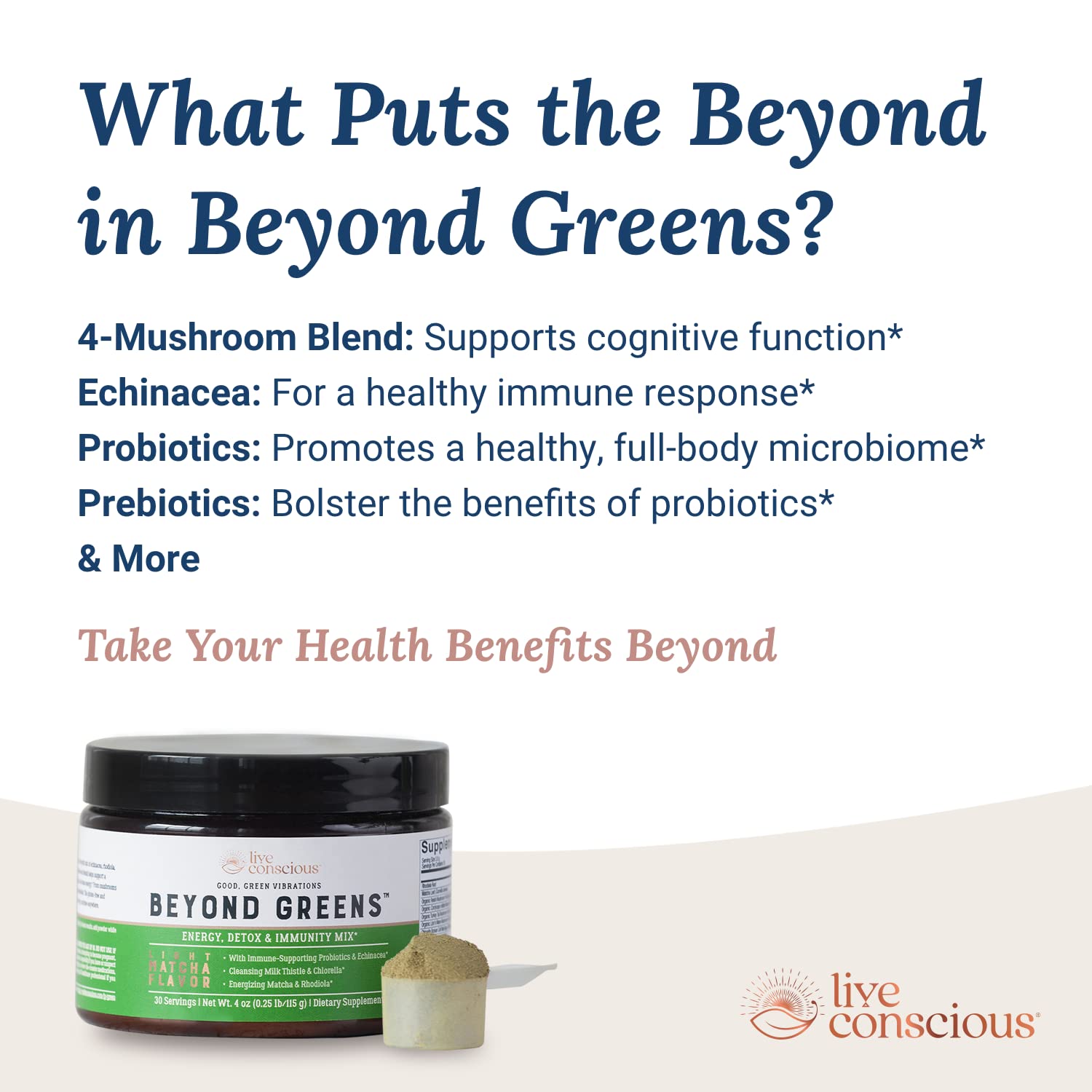 Live Conscious Beyond Greens, shaker: mélange pratique pour rituel matinal sain.