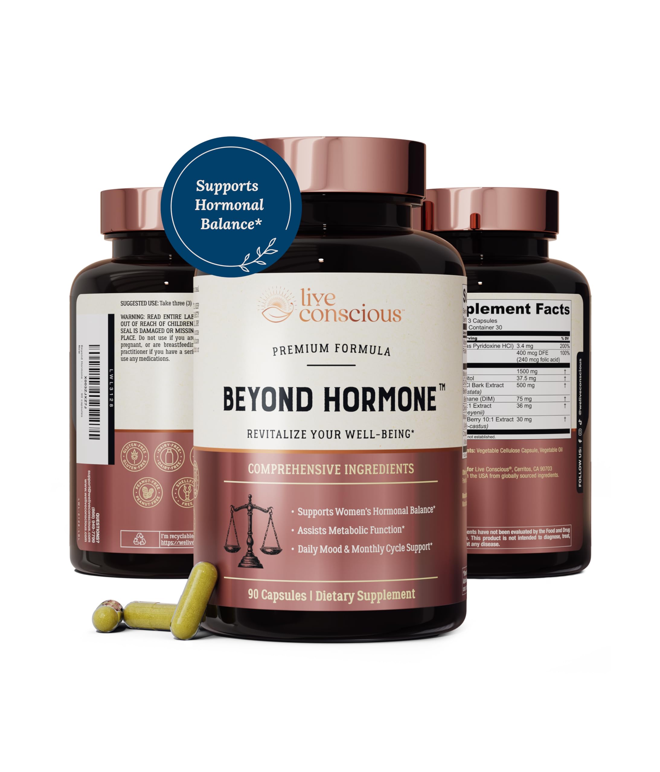 Flacon Live Conscious Beyond Hormone, symbole de soutien hormonal potentiel.
