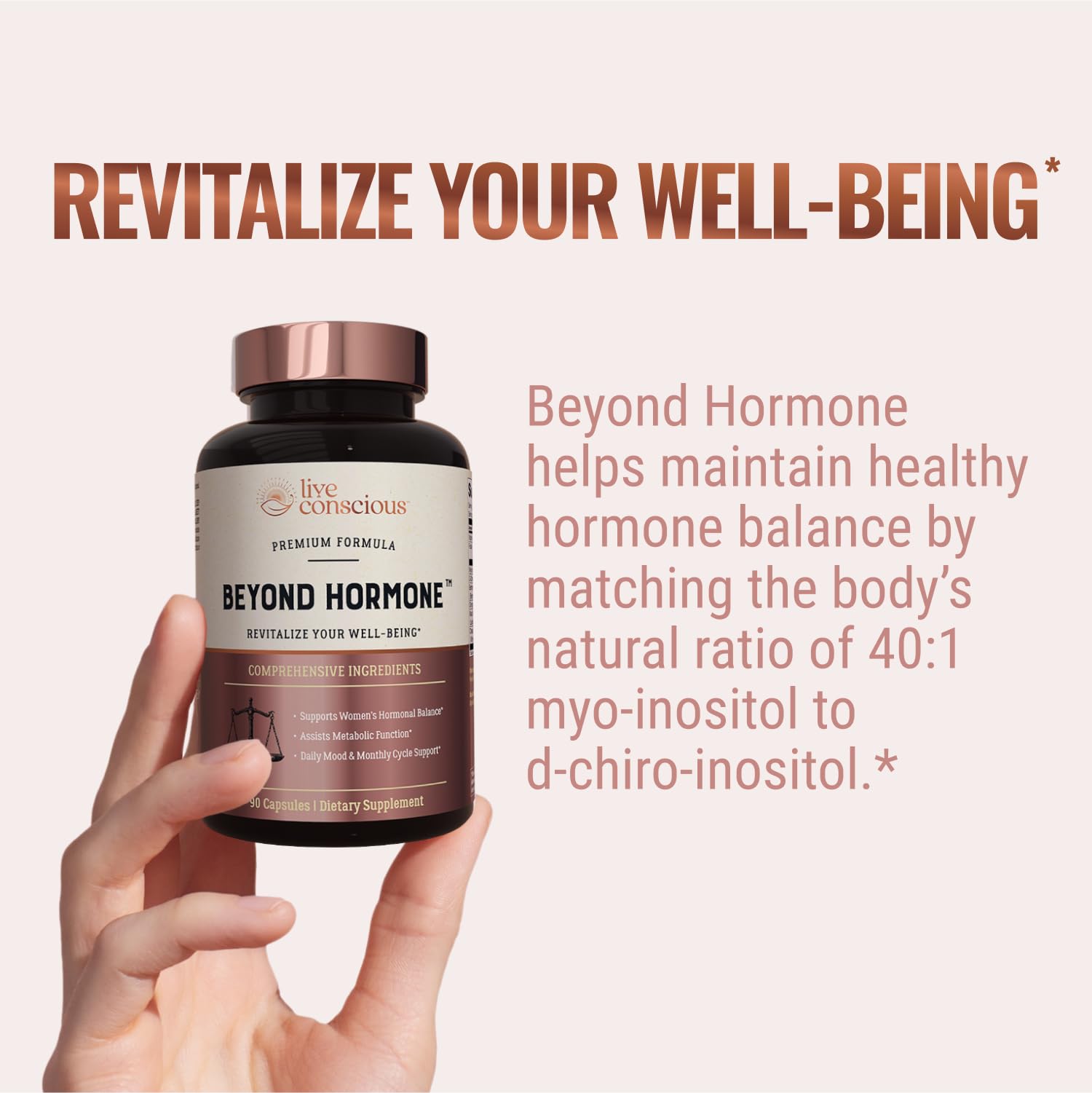 Gélules Live Conscious Beyond Hormone en plan rapproché, présentation du produit.
