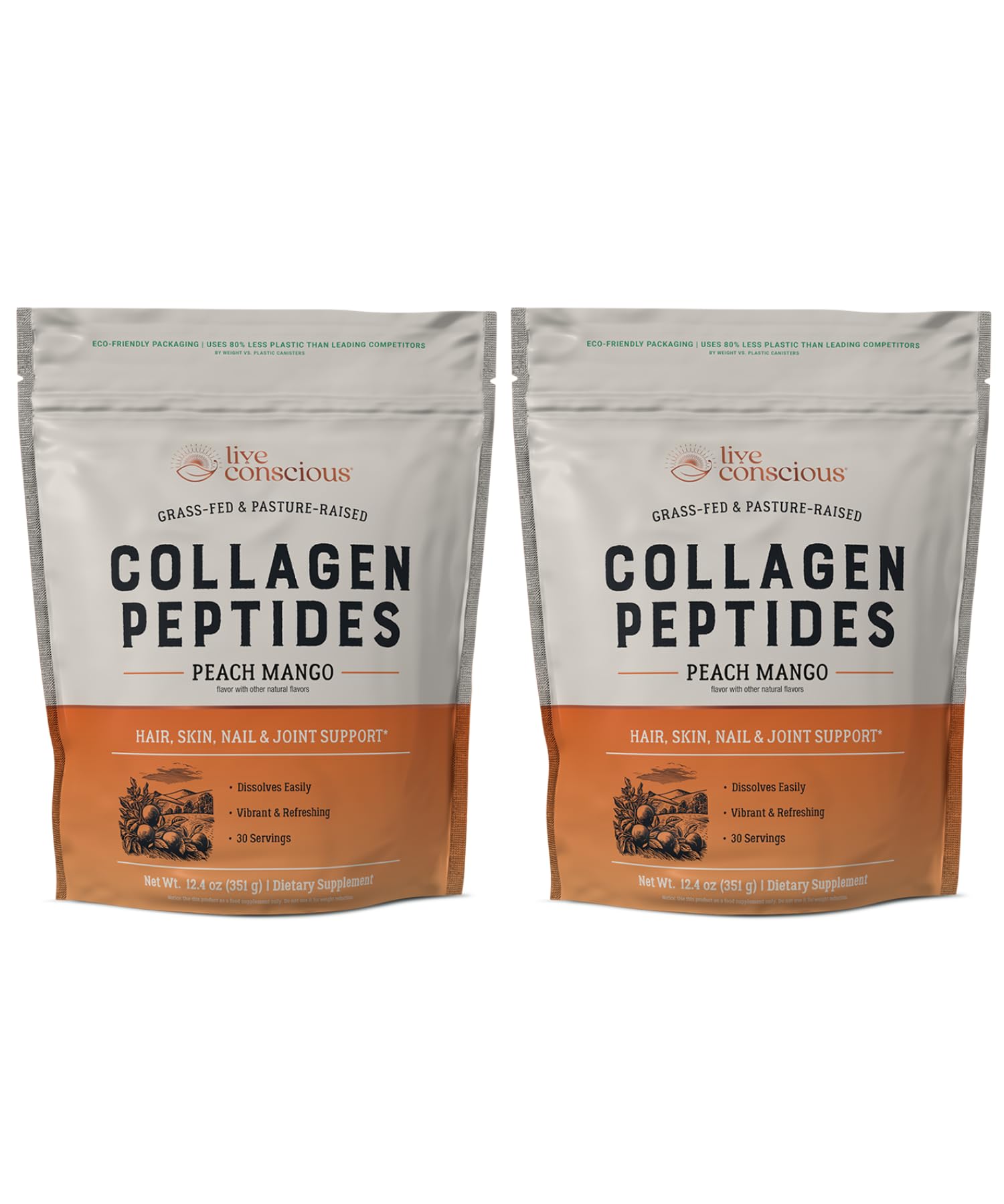 Live Conscious Collagène Peptides en bouteille, saveur pêche mangue, pour peau et cheveux.