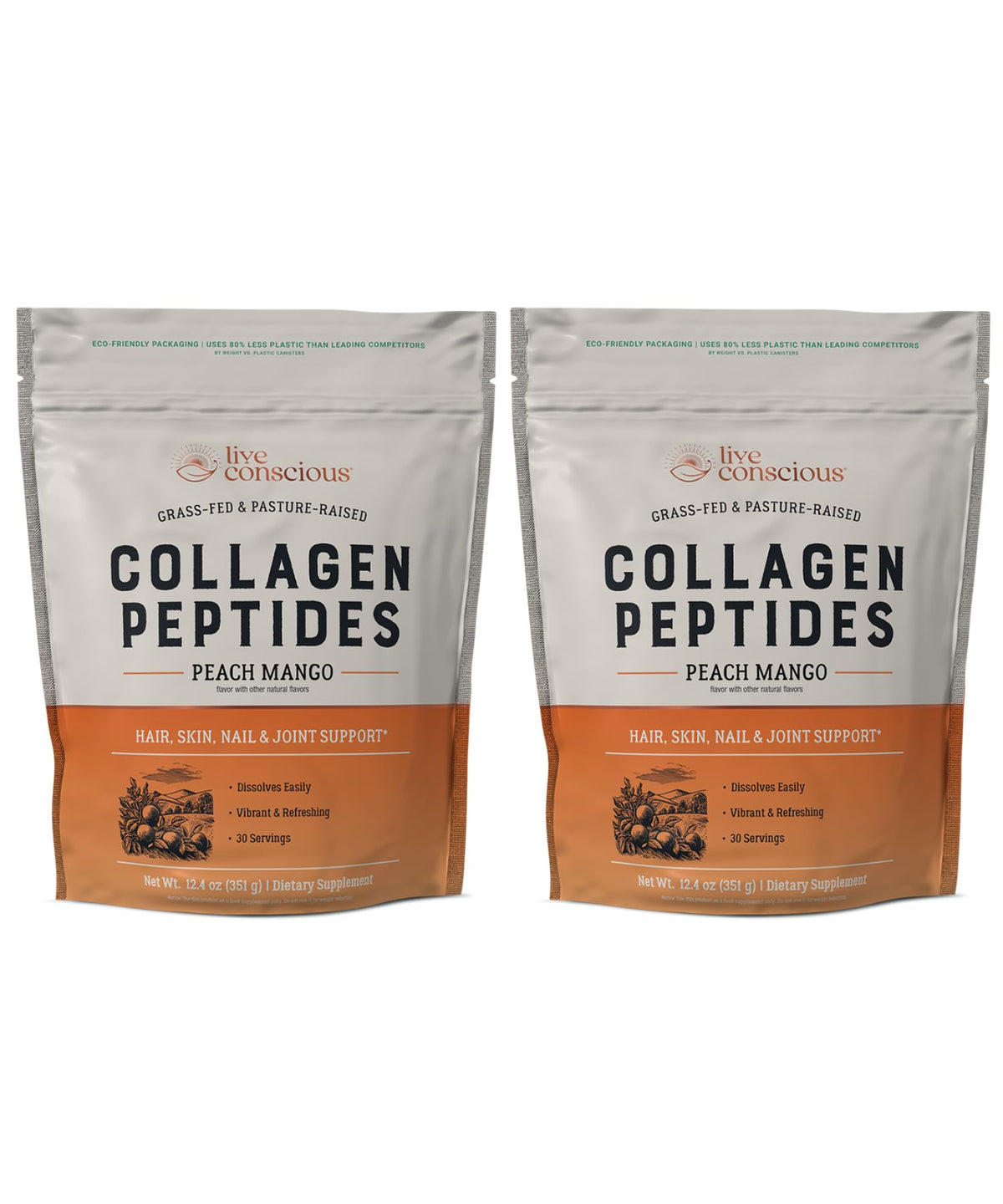Live Conscious Collagène Peptides en bouteille, saveur pêche mangue, pour peau et cheveux.