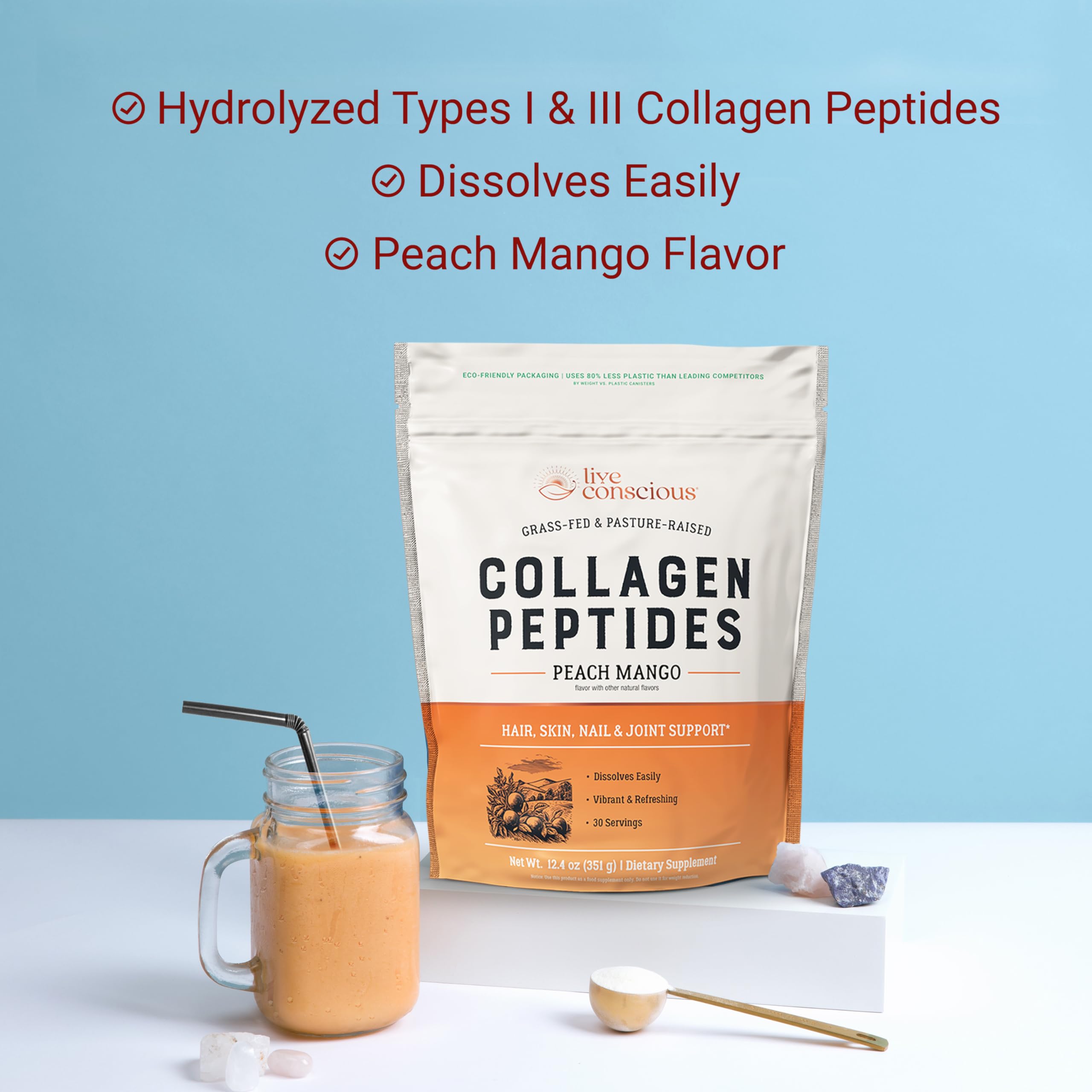 Live Conscious Collagen Peptides formulation grass-fed pour soutien cutané et articulaire.