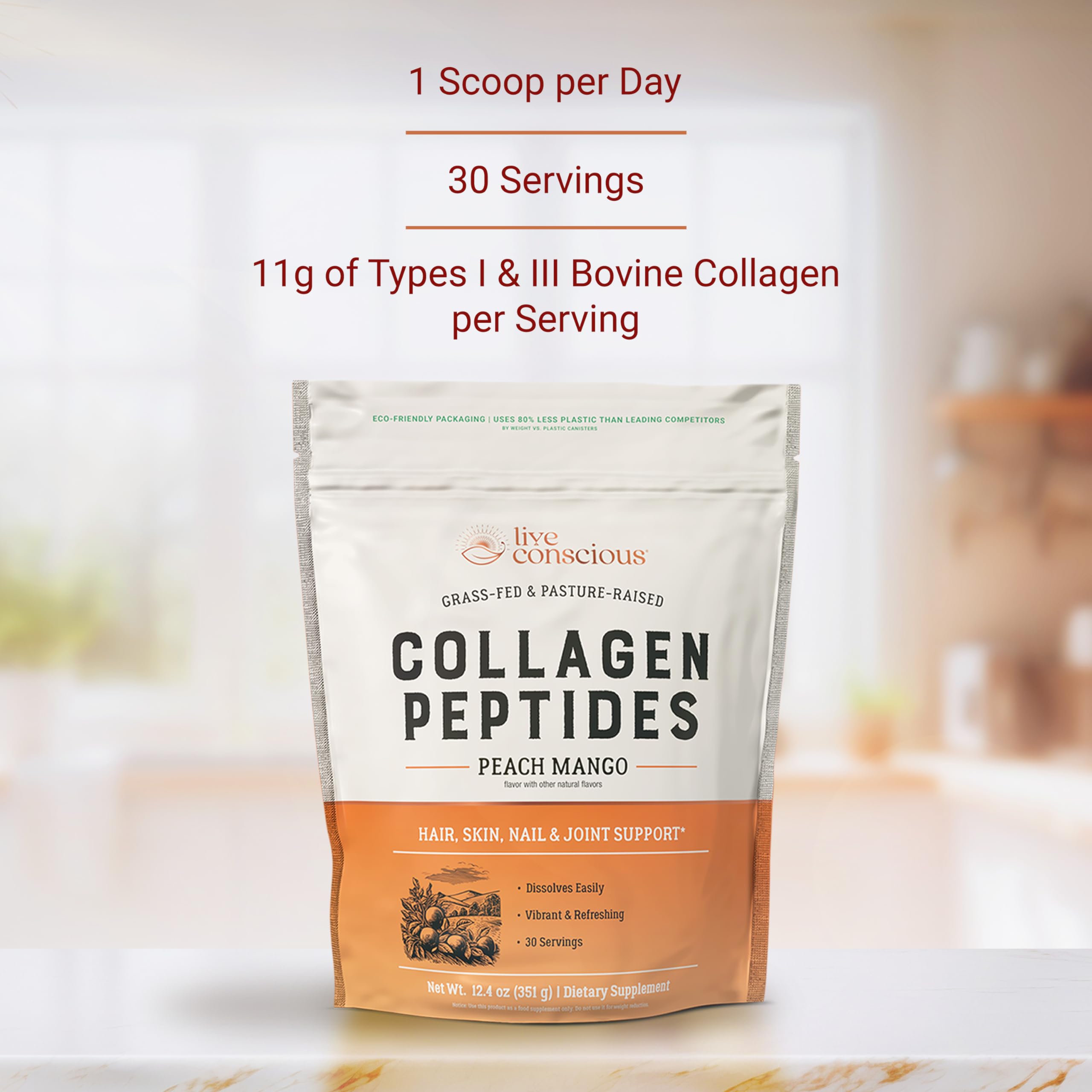 Live Conscious Collagen Peptides mélange fruité pêche mango dans votre shaker quotidien.