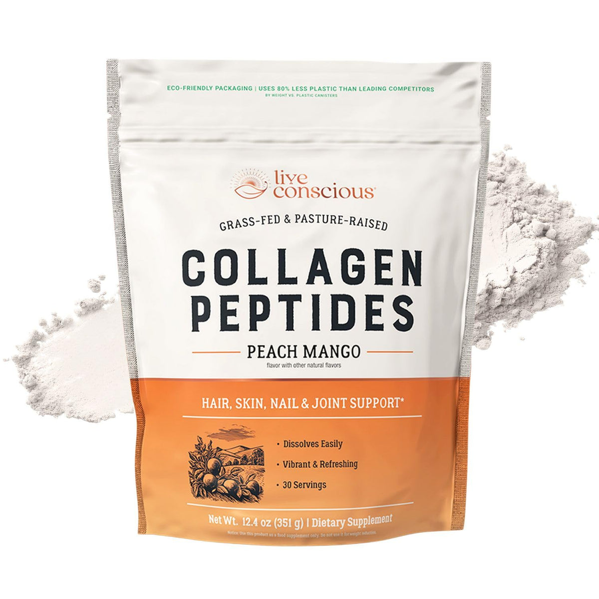 Live Conscious Collagen Peptides pêche mango – bouteille prête à l’emploi pour peau et cheveux.