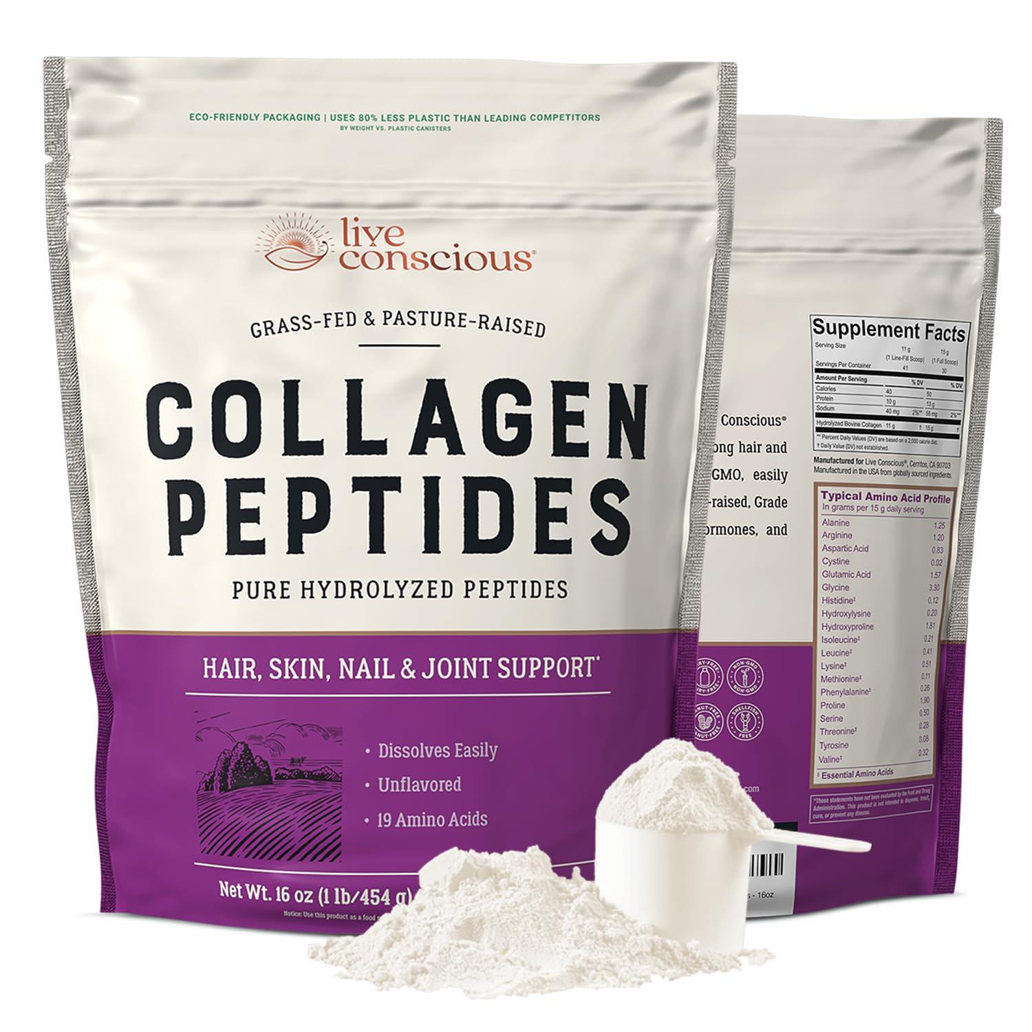 Live Conscious Collagen Peptides poudre bouteille : soutien potentiel peau et cheveux.