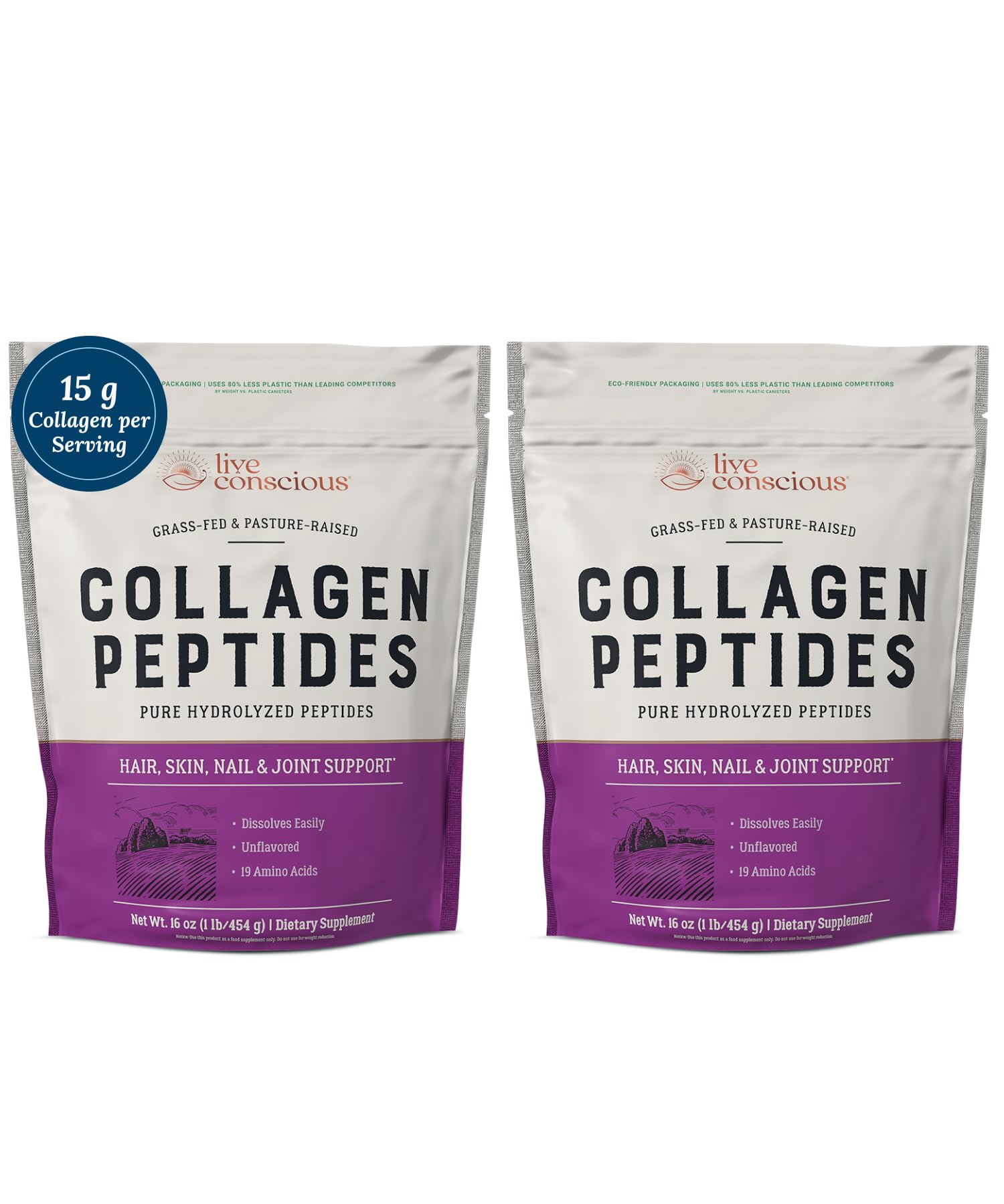 Live Conscious Collagen Peptides poudre: soutien possible pour peau, cheveux et ongles.