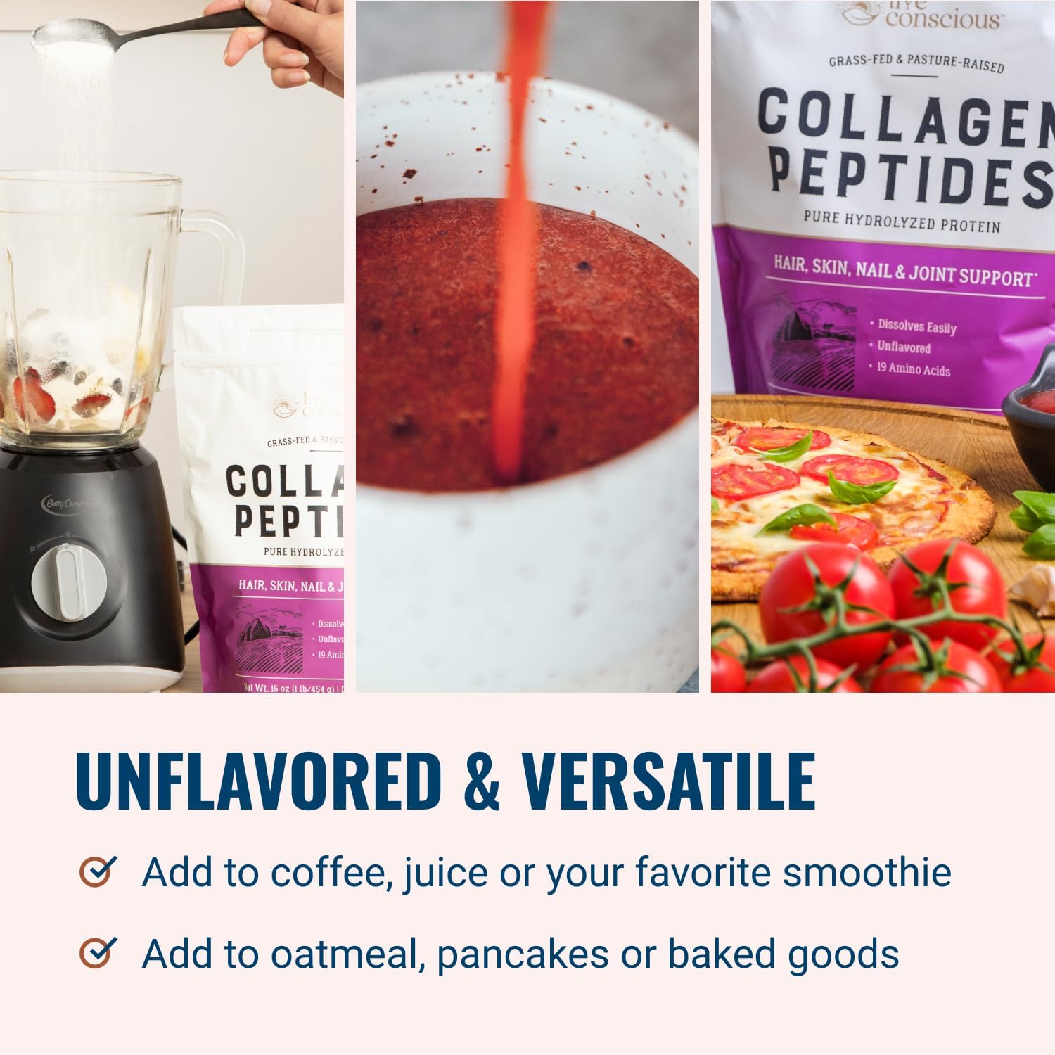 Live Conscious Collagen Peptides dans smoothie: goût naturel, intégration facile.